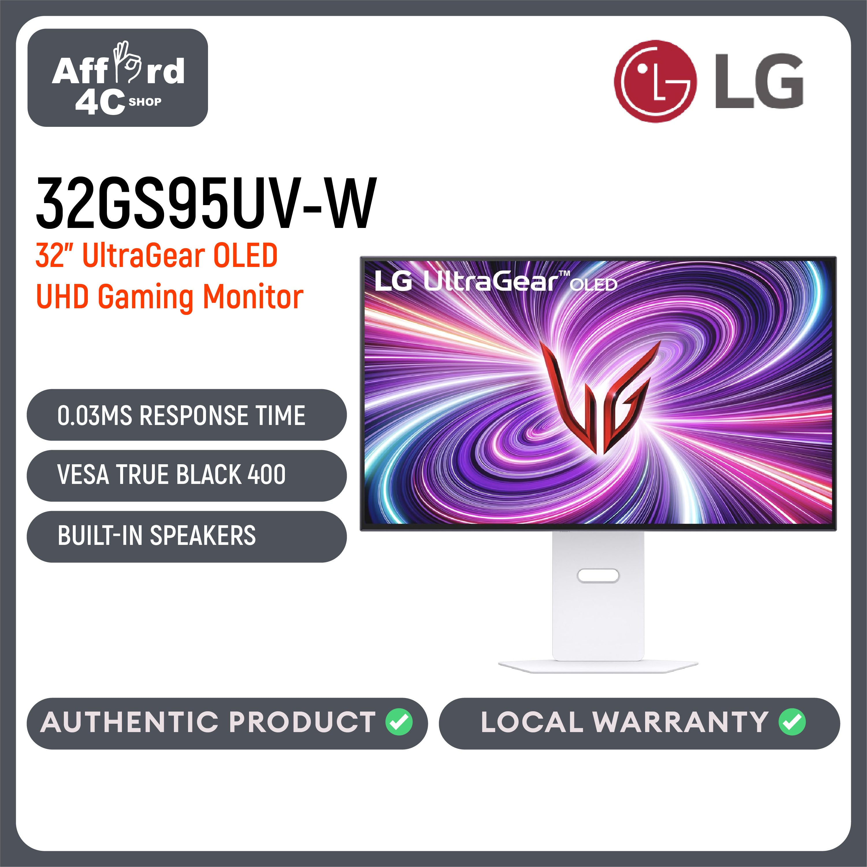 LG 32GS95UV-W 32" UltraGear OLED Gaming Monitor UHD 240Hz 0.03ms DisplayHDR True Black 400 AMD FreeSync Premium Pro NVIDIA G-Sync HDMI 2.1 DisplayPort