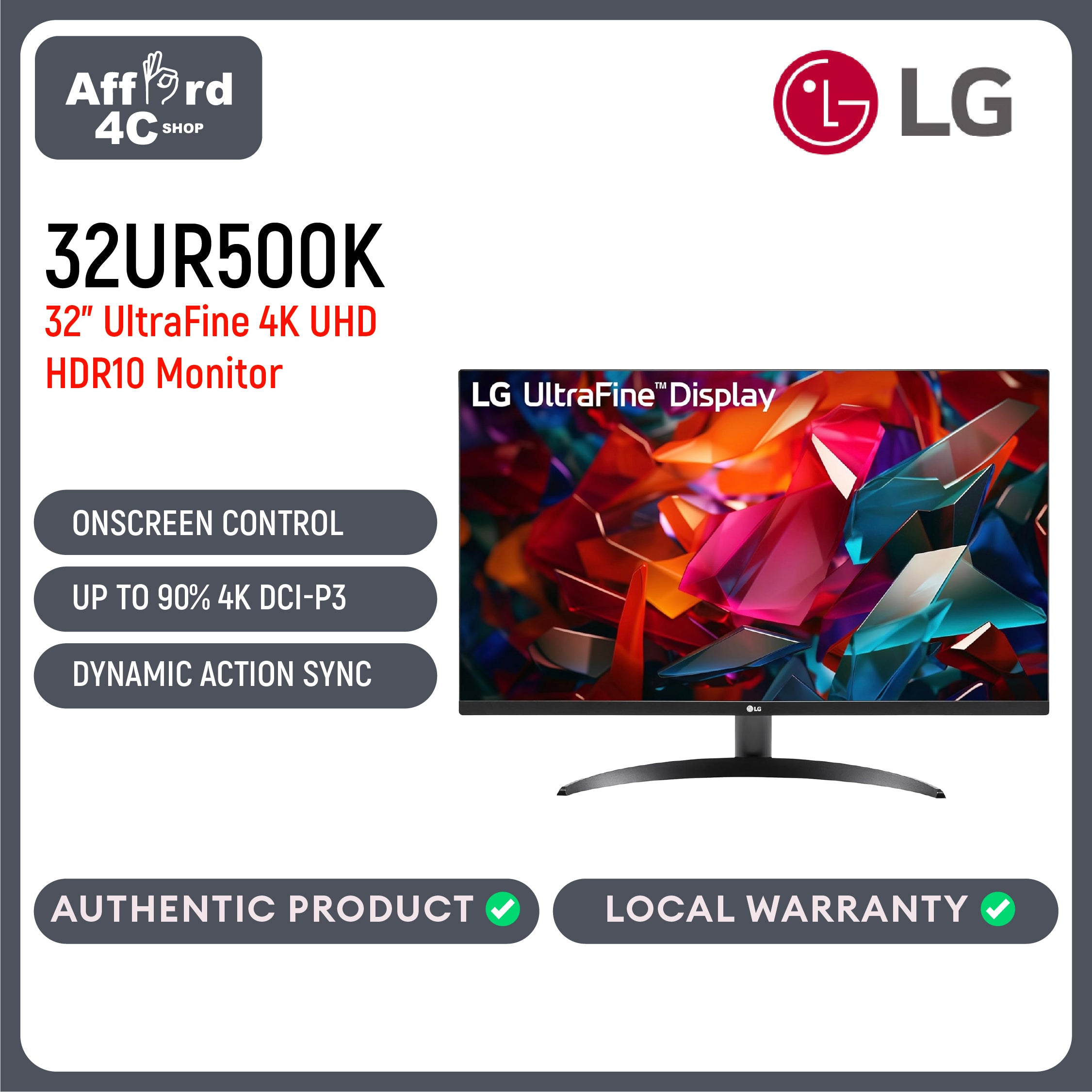 LG 32UR500K 32" UltraFine™ 4K UHD HDR10 Monitor OnScreen Control Reader Mode Flicker Safe Borderless Design