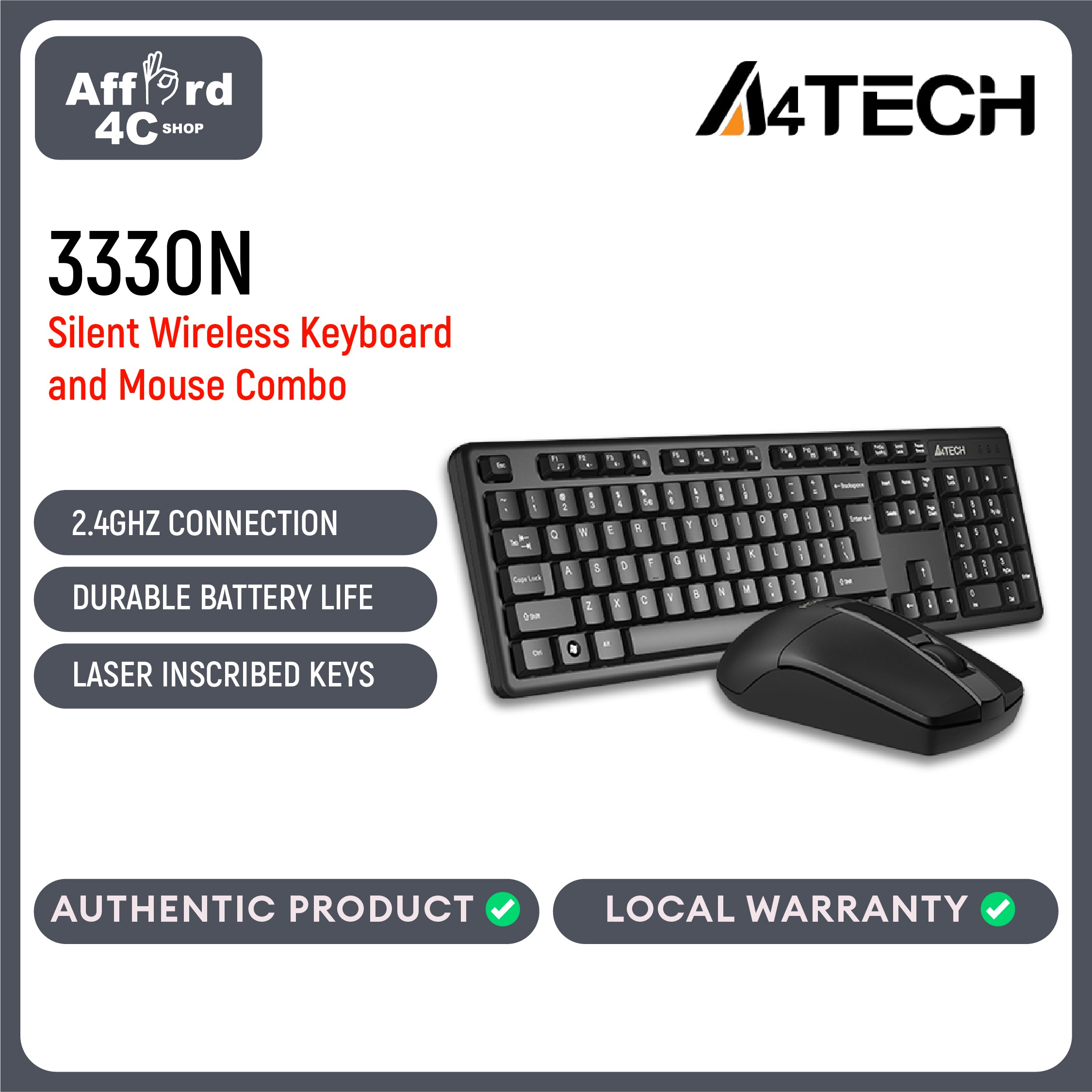 A4Tech Keyboard with Wireless Mouse Desktop - 3330N