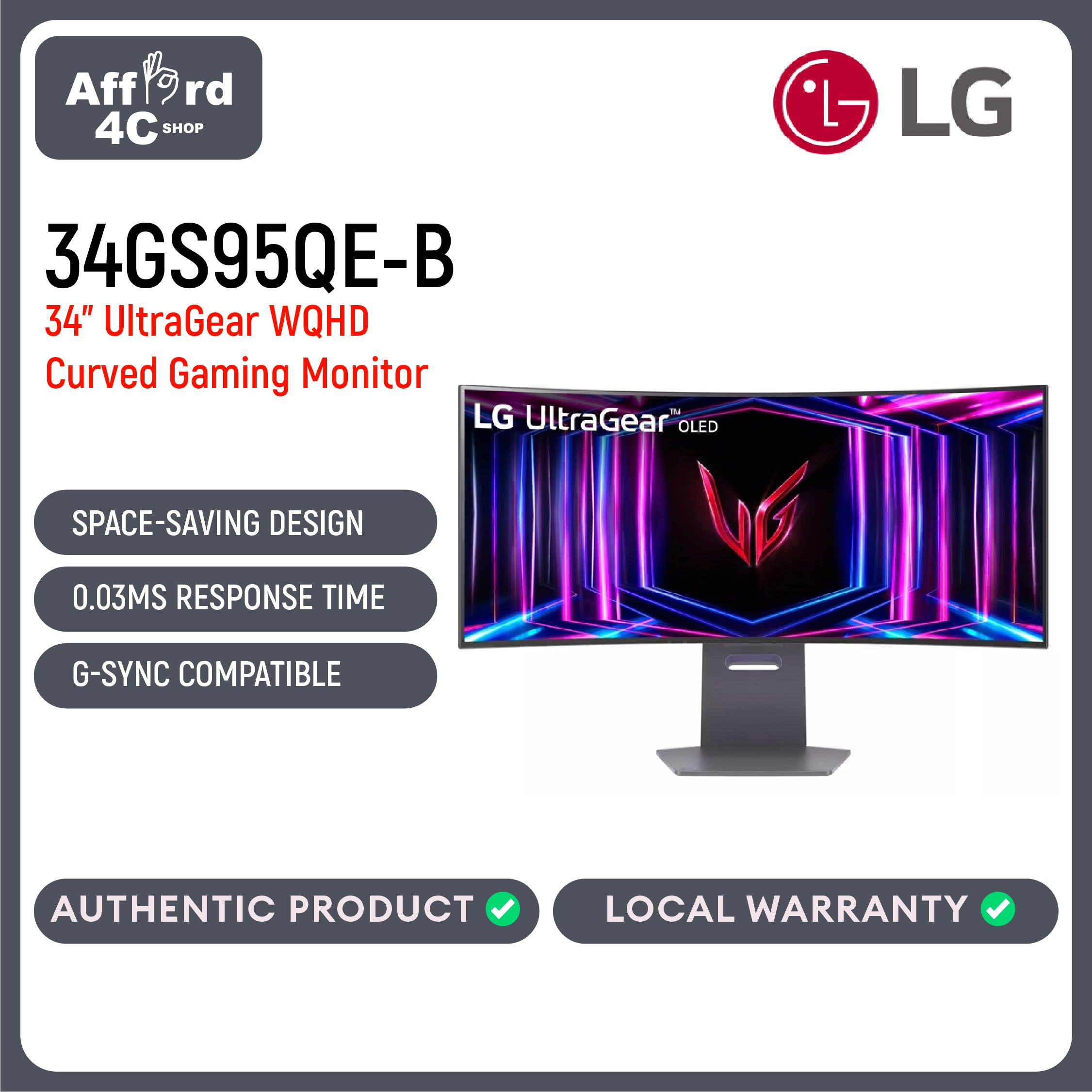 LG 34GS95QE-B 34" Ultragear OLED Curved Gaming Monitor WQHD 800R 240Hz 0.03ms DisplayHDR True Black 400 AMD FreeSync Premium Pro NVIDIA G-Sync HDMI 2.1 DisplayPort Tilt/Height/Swivel Stand Black