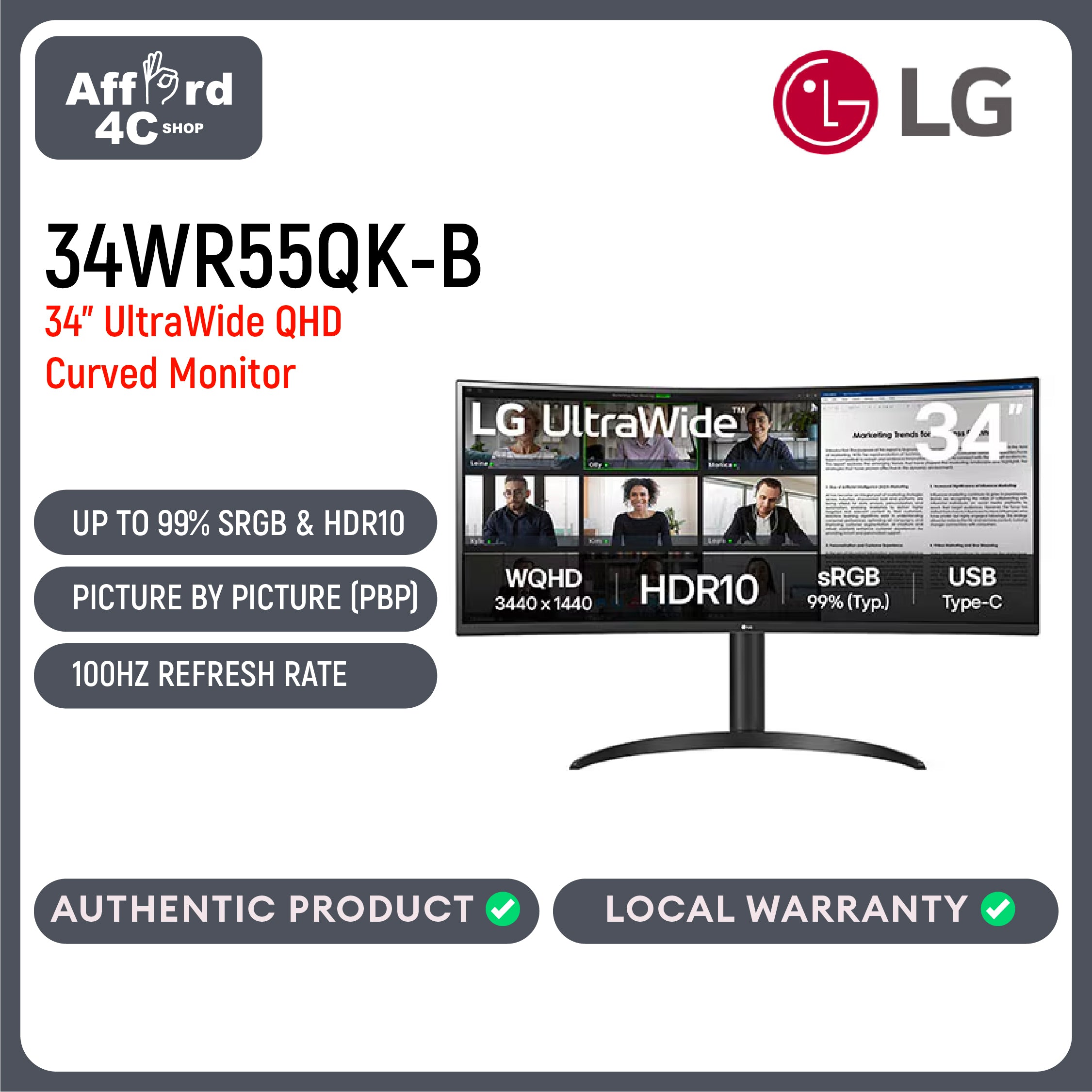 LG 34WR55QK-B 34" UltraWide™ Curved Monitor with WQHD HDR10 Display 100Hz Refresh Rate and USB Type-C™