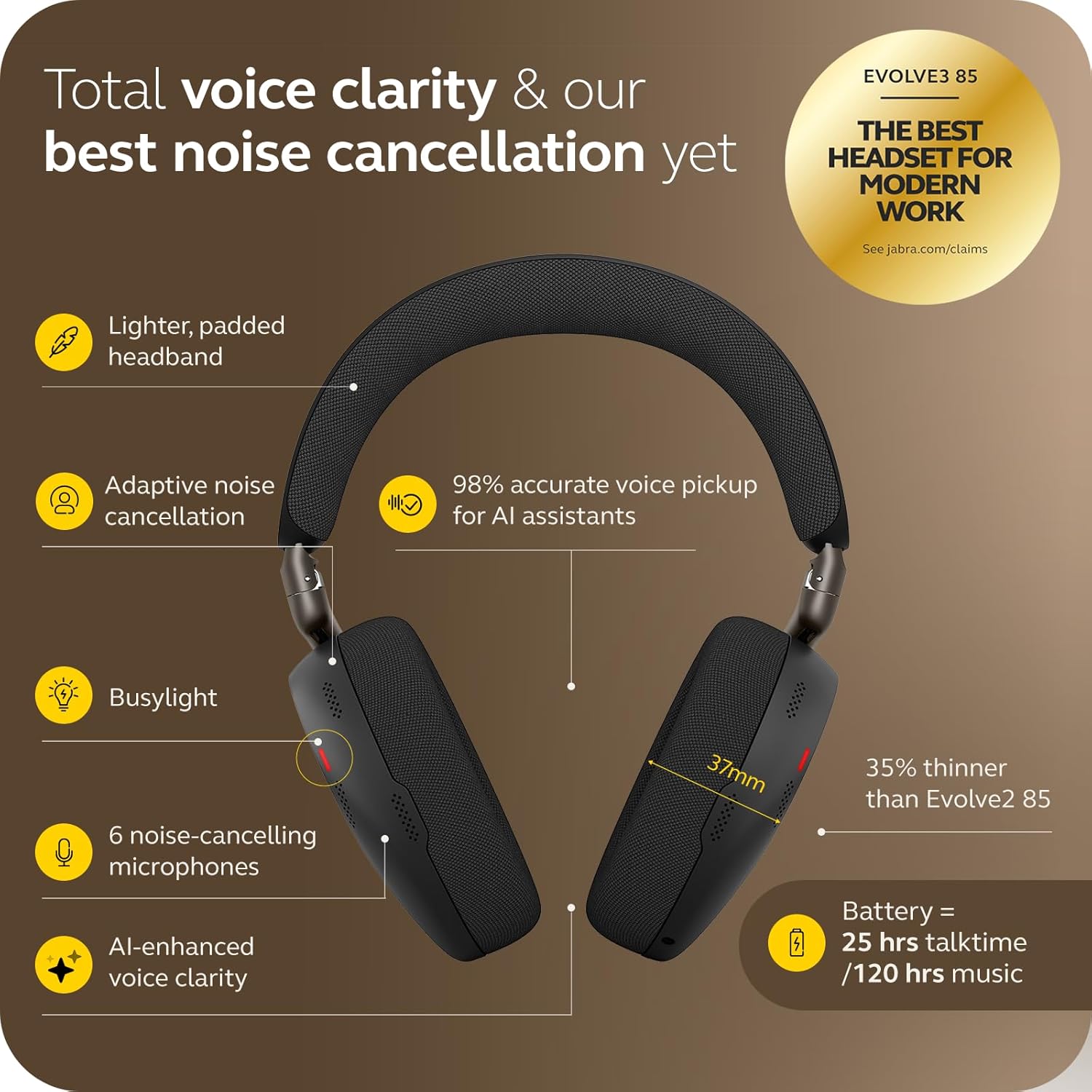 Jabra Evolve3 85 Over-Ear USB-A Wireless Bluetooth Headset with Microphone for Work, AI Voice Call Technology, Adaptive Active Noise Cancellation, 25-Hour Battery, Works with Meeting Apps