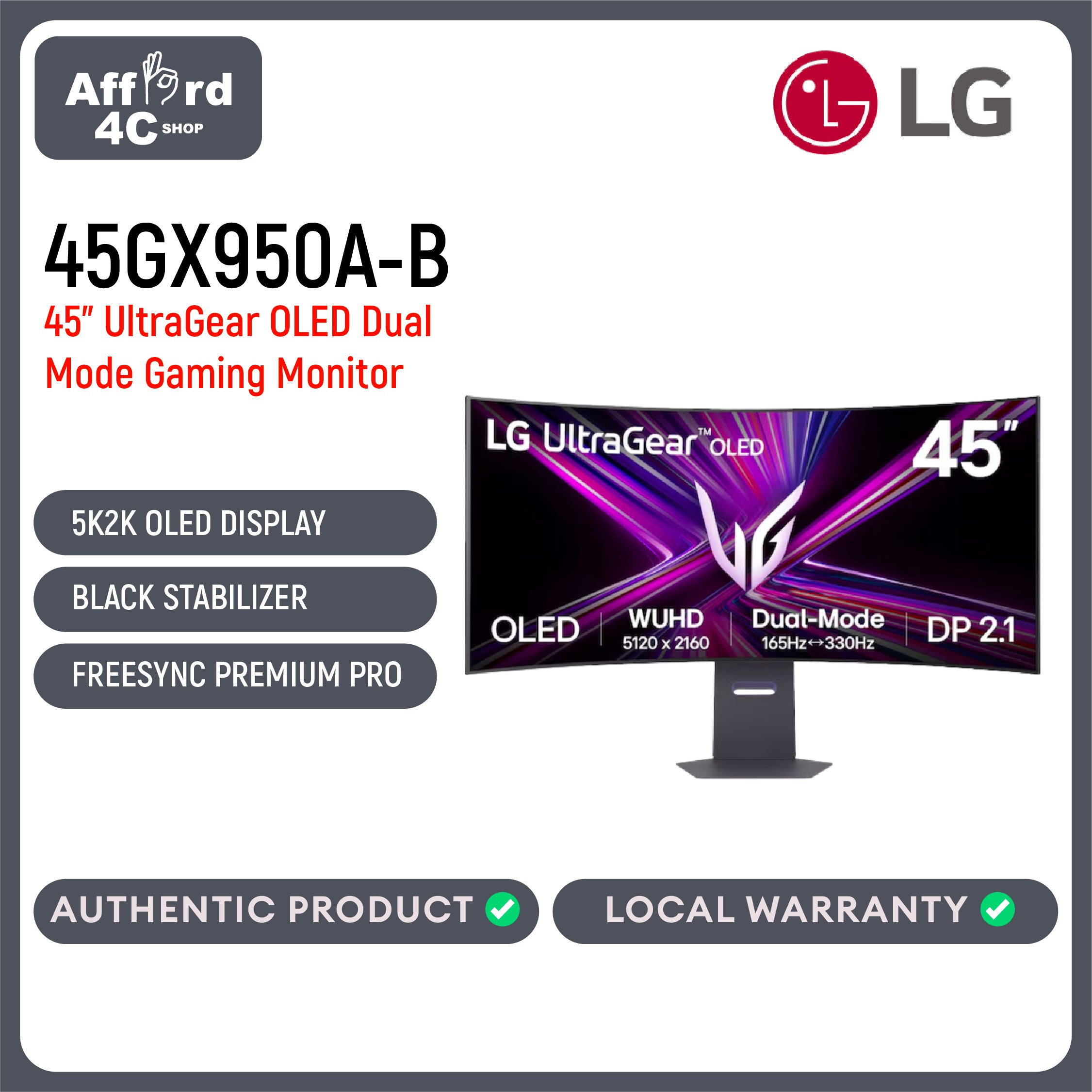 LG 45GX950A-B 45 Inch UltraGear™ OLED 5K2K WUHD 165Hz or WFHD Dual Mode 330Hz 0.03ms G-sync Compatible DisplayPort 2.1 Gaming Monitor