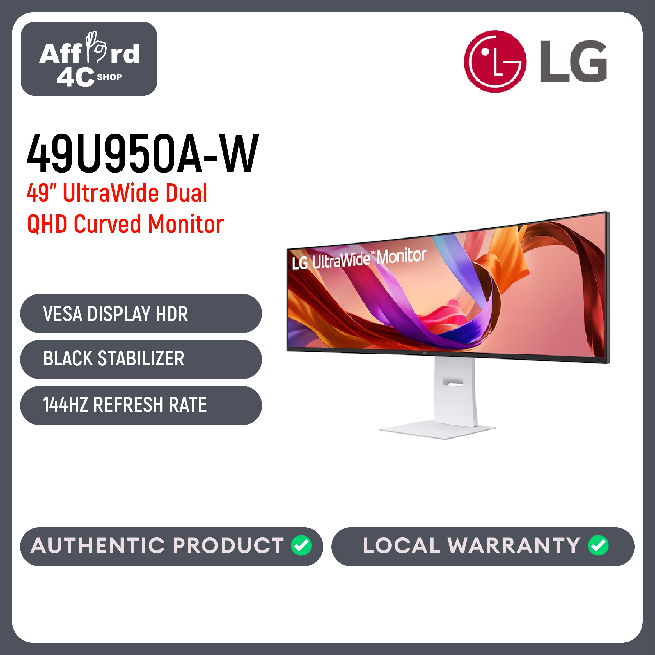 LG 49U950A-W 49-inch curved UltraWide Dual QHD Nano IPS monitor with 144Hz and HDR 400