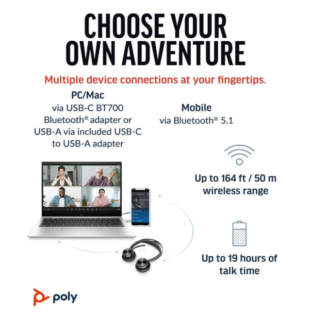Poly Voyager Focus 2 USB-C-C Headset +USB-C/A Adapter