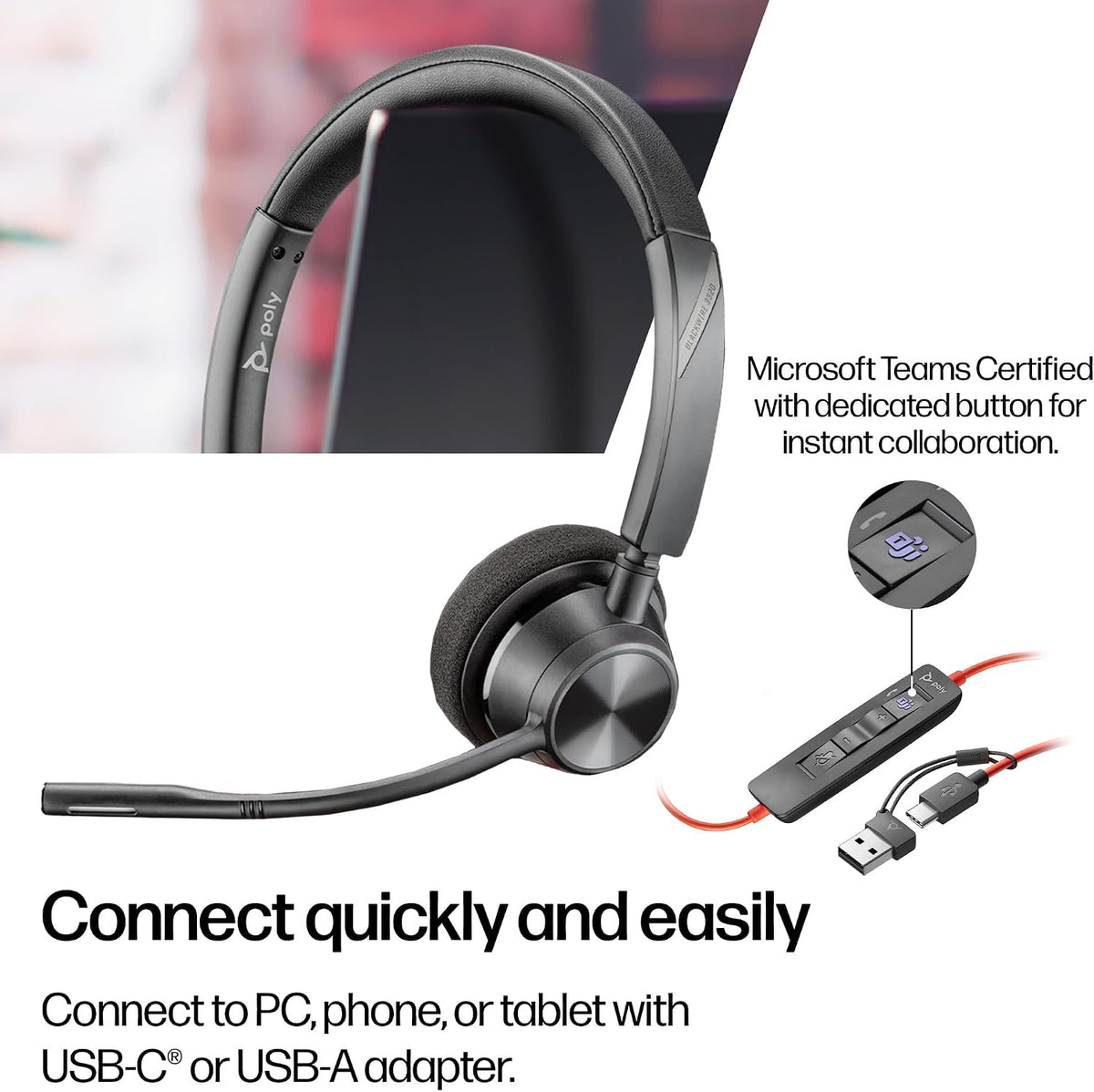 HP Poly Blackwire 3320 Stereo Microsoft Teams Certified USB-C Headset +USB-C/A Adapter (8X220AA)