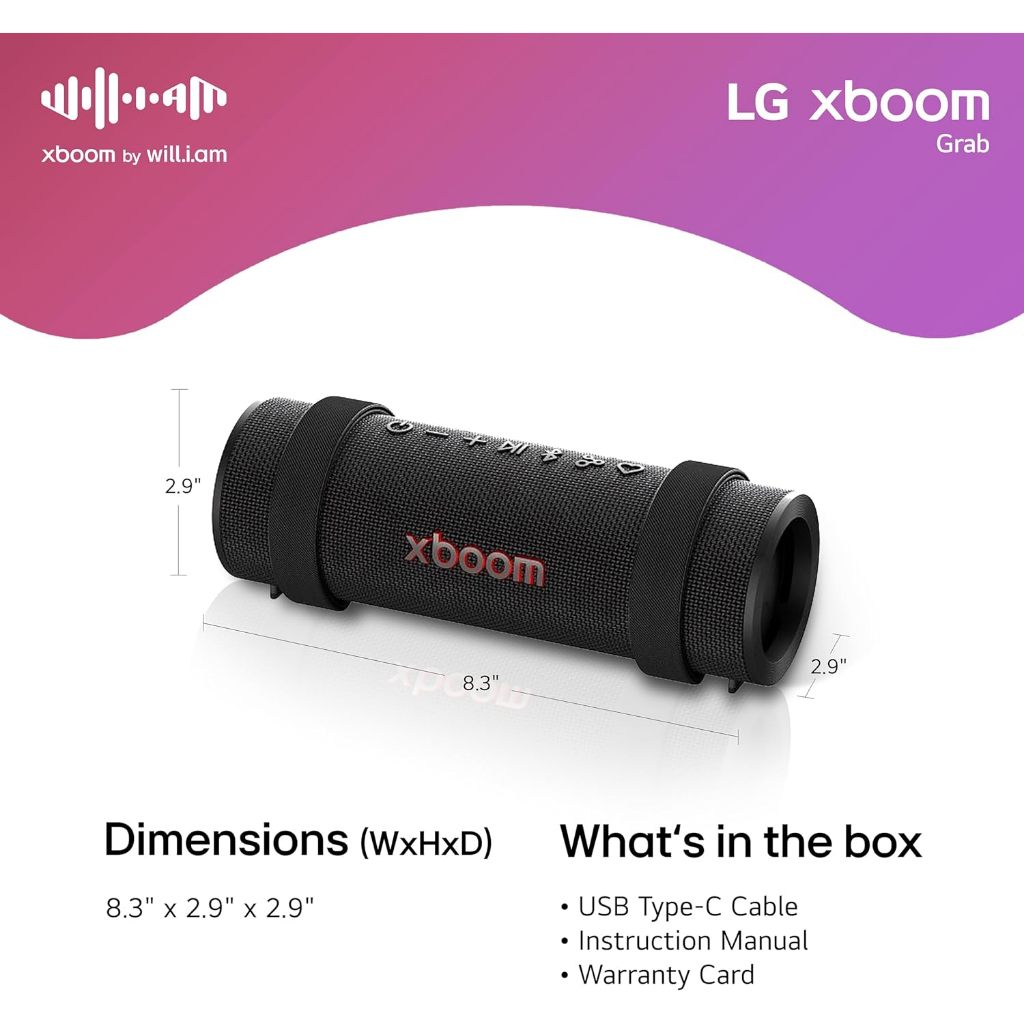 LG xboom Grab Core by will.i.am: portable outdoor Bluetooth speaker, 19‑hr playtime, IP67, straps.