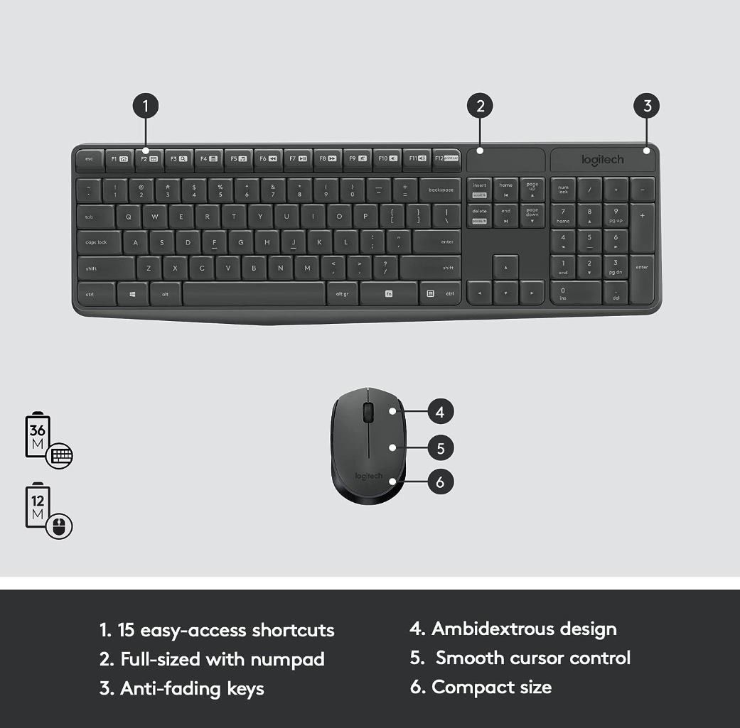 Logitech MK235 Wireless Keyboard and Mouse Combo for Windows, 2.4 GHz Wireless, 15 FN Keys, Long Battery Life, Compatible with PC, Laptop - Black