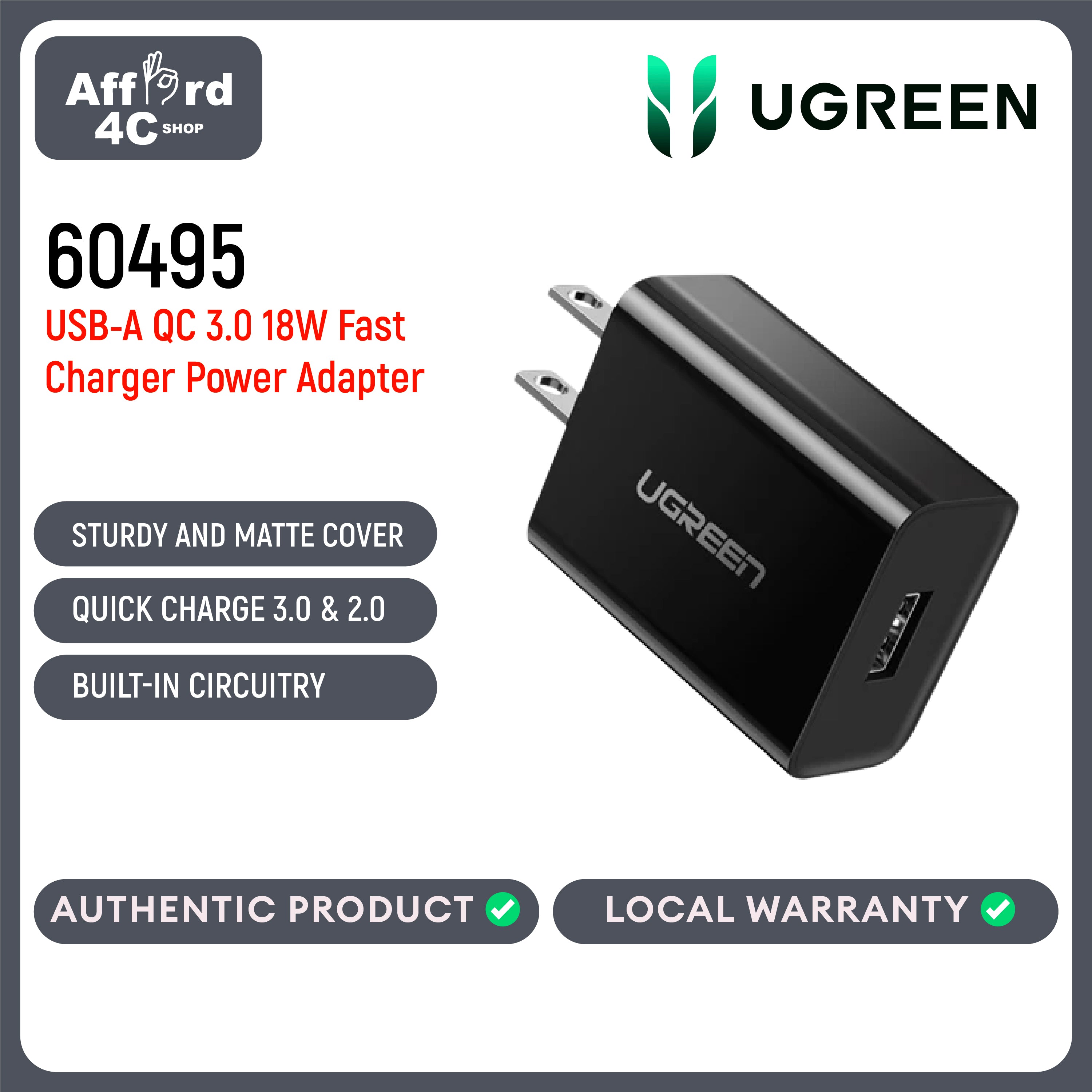 UGREEN 60495 USB-A QC 3.0 18W Fast Charger Power Adapter (Black)