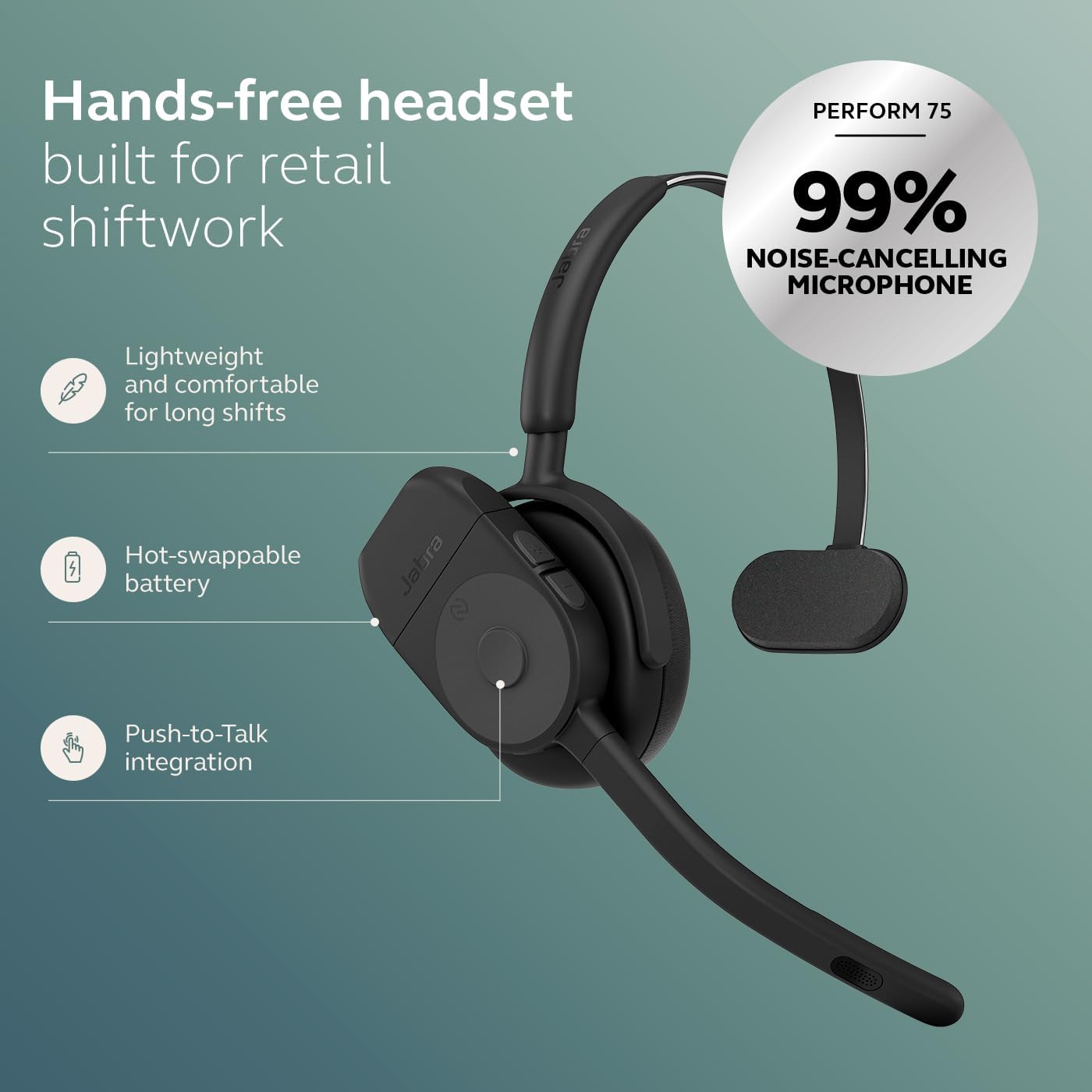 Jabra Perform 75 Push-to-Talk (PTT) Bluetooth Wireless Headset with Over-Head or Behind-Neck Style, Ultra Noise-Cancelling, UC Cellular or Wireless Push-to-Talk, and Face2Face Mode, IP65-Rated