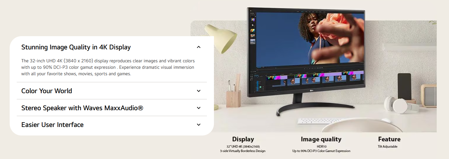 LG 32UR500K-B 32 Inch UltraFine™ 4K UHD HDR10 Monitor with Built-In Speakers