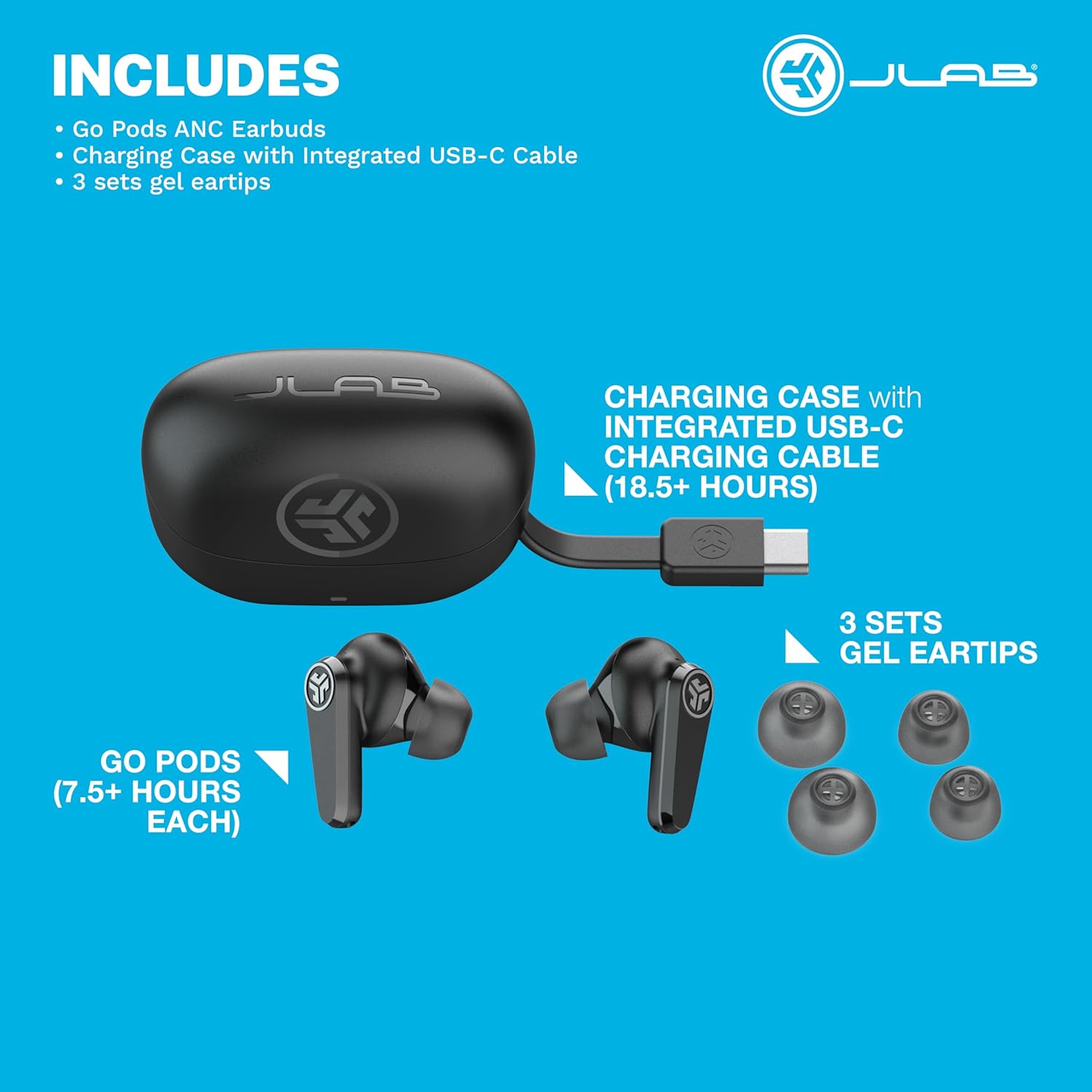JLab Go Pods ANC True Wireless Bluetooth Earbuds & Charging Case, Black, Hybrid Active Noise canceling + Be Aware for Safe Listening, 26+ Hours Total Playtime, Clear Calls, Custom Sound via App
