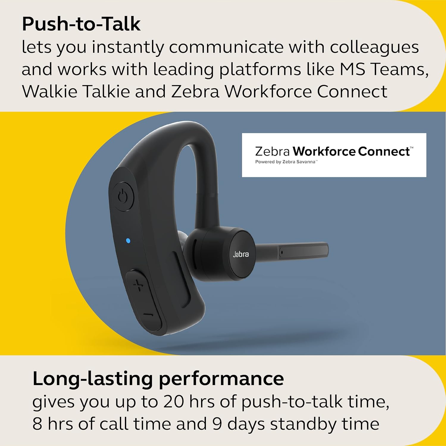 Jabra Perform 45 Push-to-Talk Bluetooth Wireless Headset, Noise-Cancelling Microphone, Push-to-Talk Functionality, Face2Face Mode, and Discreet Design, IP54-Rated
