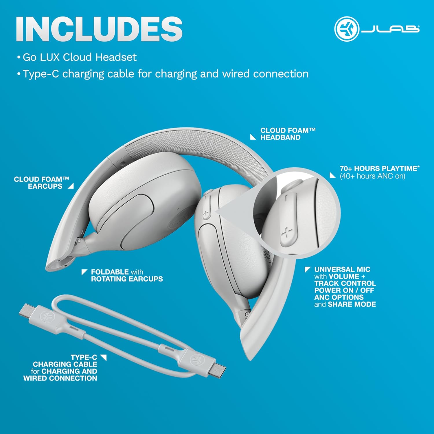 JLab Go Lux ANC Wireless Headphones, Graphite, Hybrid Active Noise Cancelling, Premium On-Ear Bluetooth Headset, Customizable Sound, Be Aware Mode, Cloud Foam Comfort, Multipoint Connection