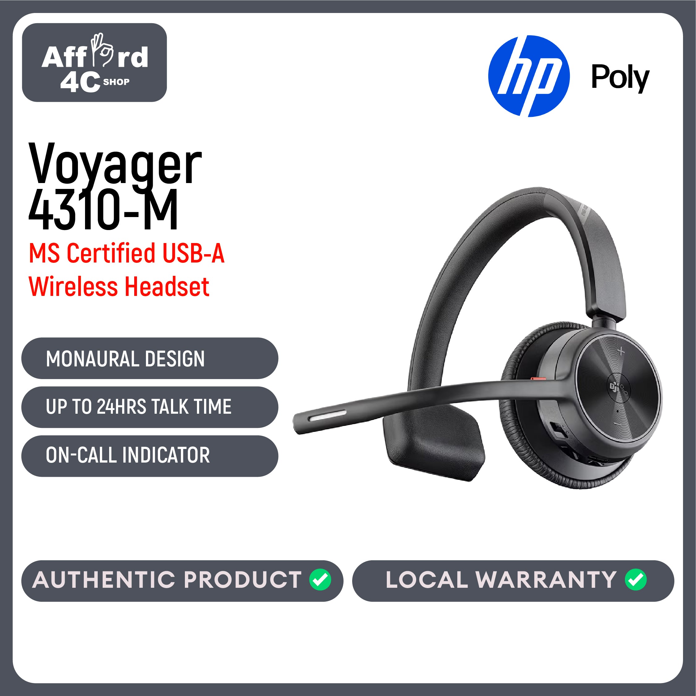Poly Voyager 4310-M Microsoft Teams Certified USB-A Headset (Mono)