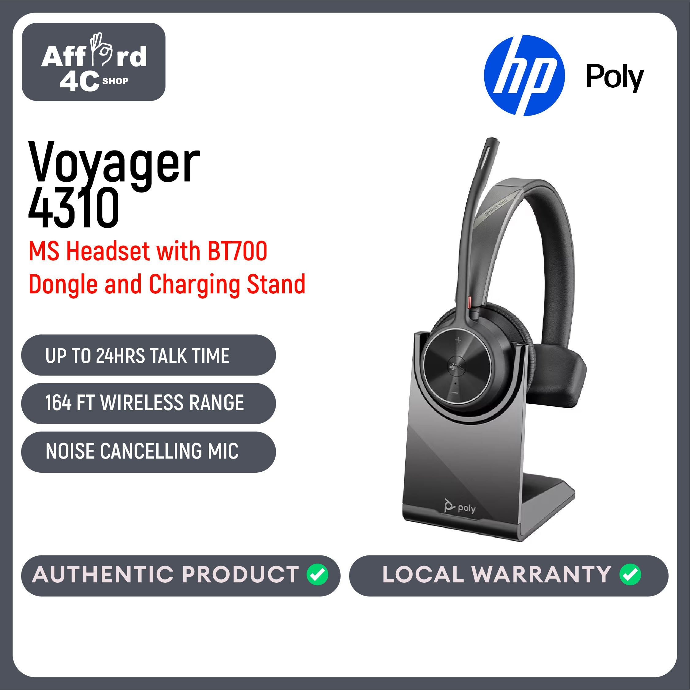 Poly Voyager 4310 Microsoft Teams Certified Headset +BT700 dongle + Charging Stand