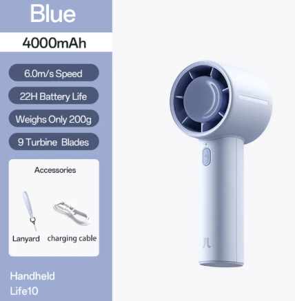 Jisulife Handheld Fan Life10 4000mAh Portable 5 Speeds Strong Wind Rechargeable Electric Turbo Fans with LED Digital Display Safety Lock Suitable for Student Office Commuter