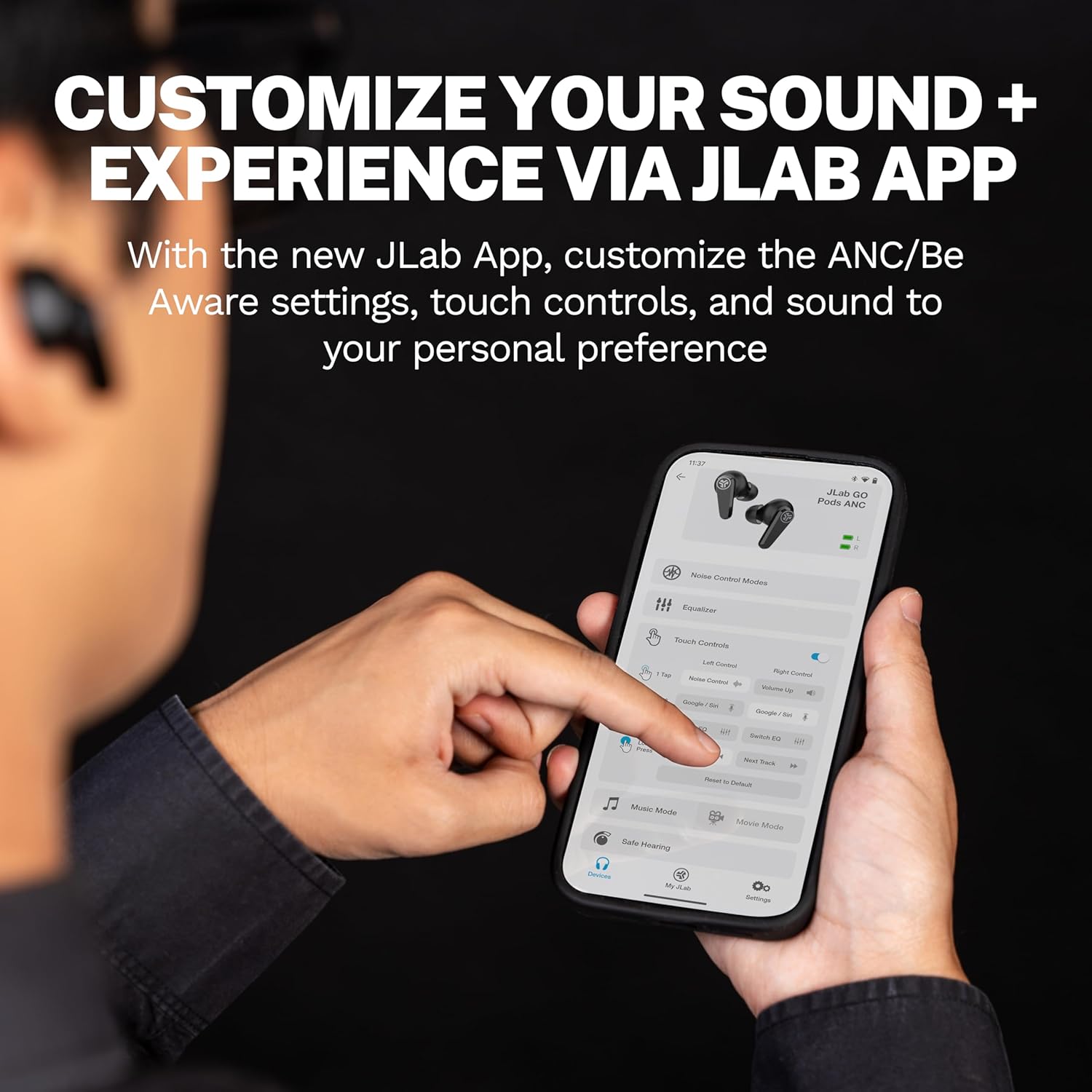JLab Go Pods ANC True Wireless Bluetooth Earbuds & Charging Case, Black, Hybrid Active Noise canceling + Be Aware for Safe Listening, 26+ Hours Total Playtime, Clear Calls, Custom Sound via App