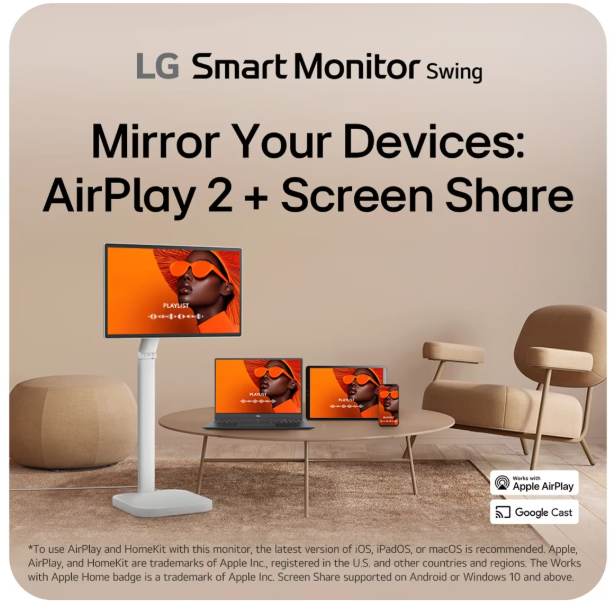 LG 32U889SA-W 32 Inch 4K UHD IPS Touchscreen Smart Monitor Swing with Rolling Stand