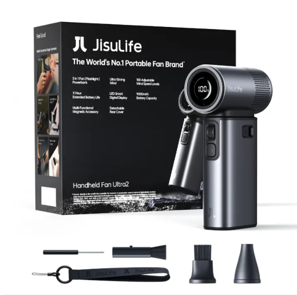 Jisulife Handheld Fan Ultra2 25-hour Long-lasting Strong Wind 9000mAh Rechargeable 5 in 1 Mini Fans 100 Speeds Flashlight Power bank Air Pump Outdoor Camping 18W Fast Charging