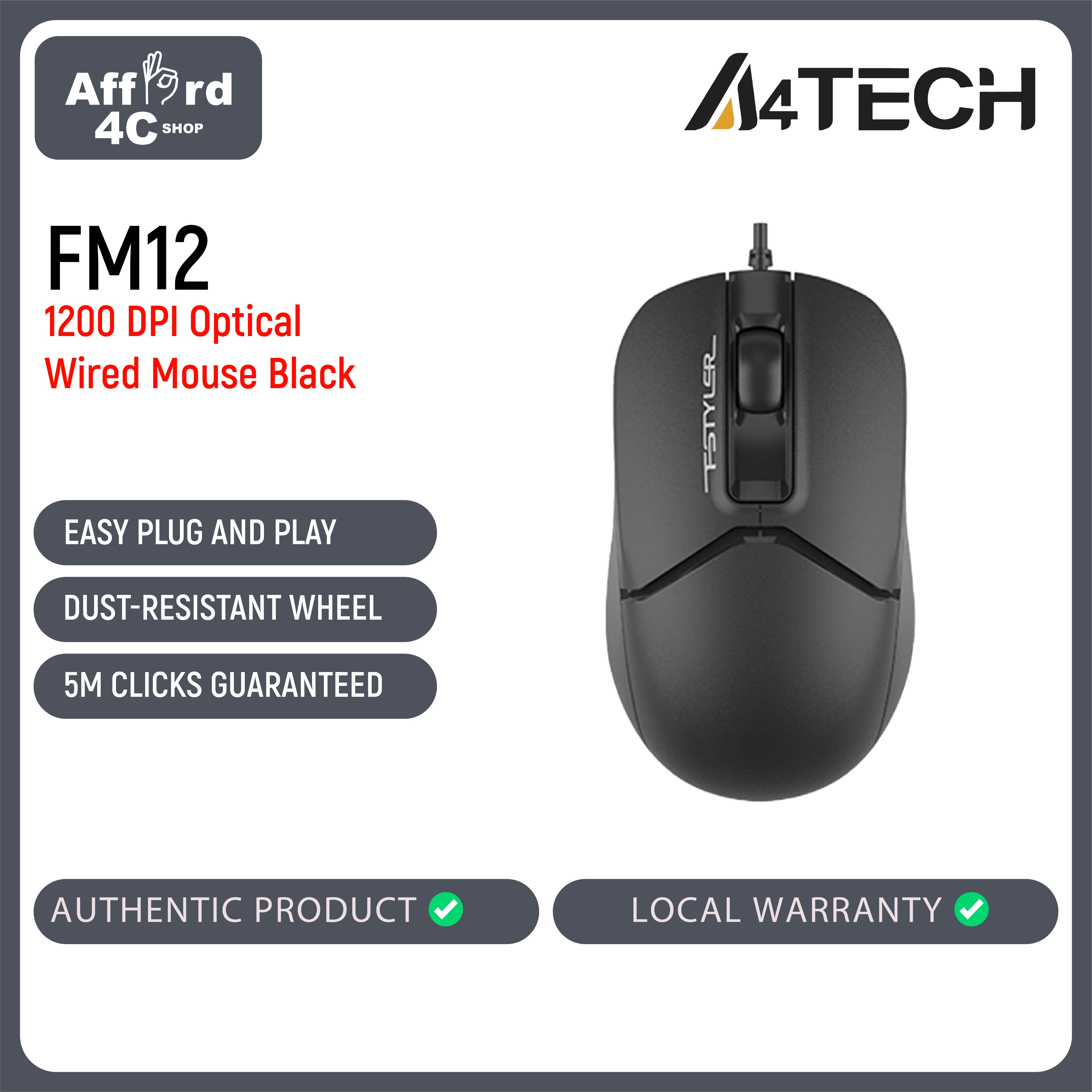 A4Tech FM12 1200 DPI Optical Wired Mouse Black
