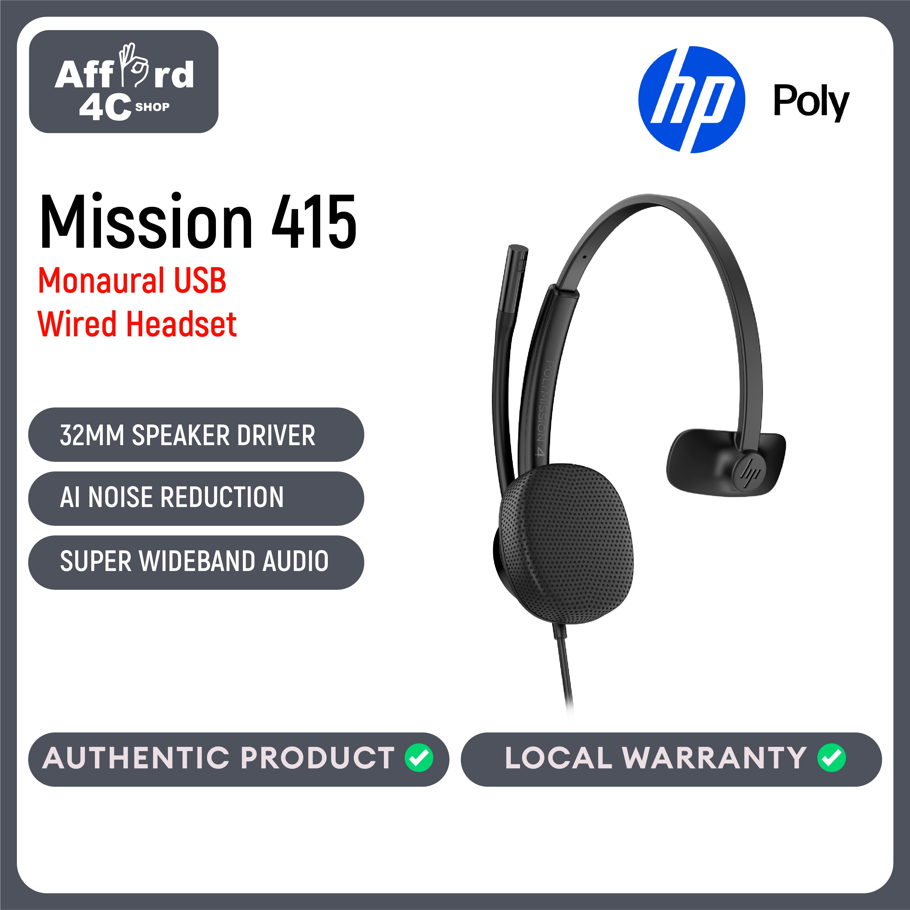 HP Poly Mission 415 Monaural USB Wired Headset