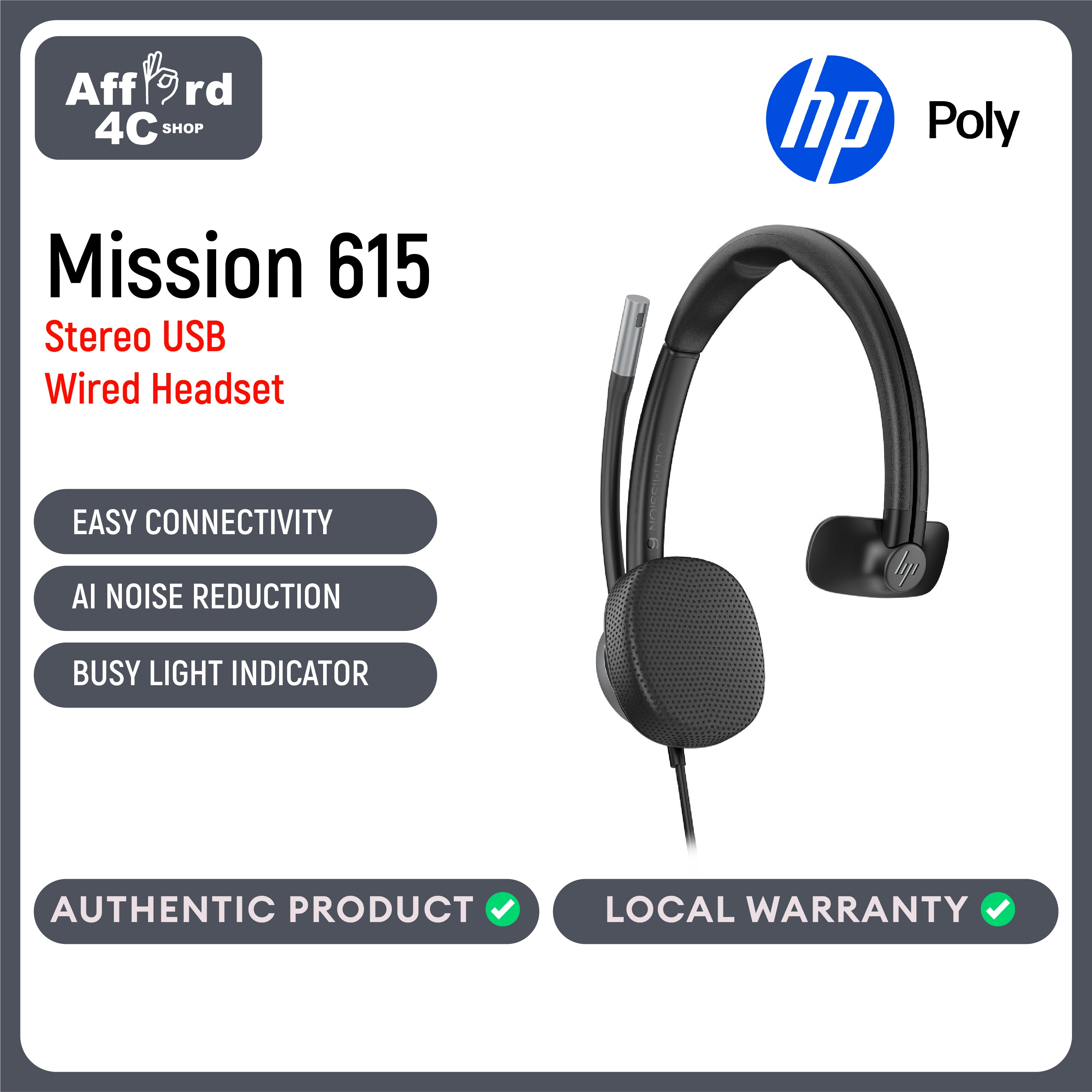 HP Poly Mission 615 Monaural USB Wired Headset