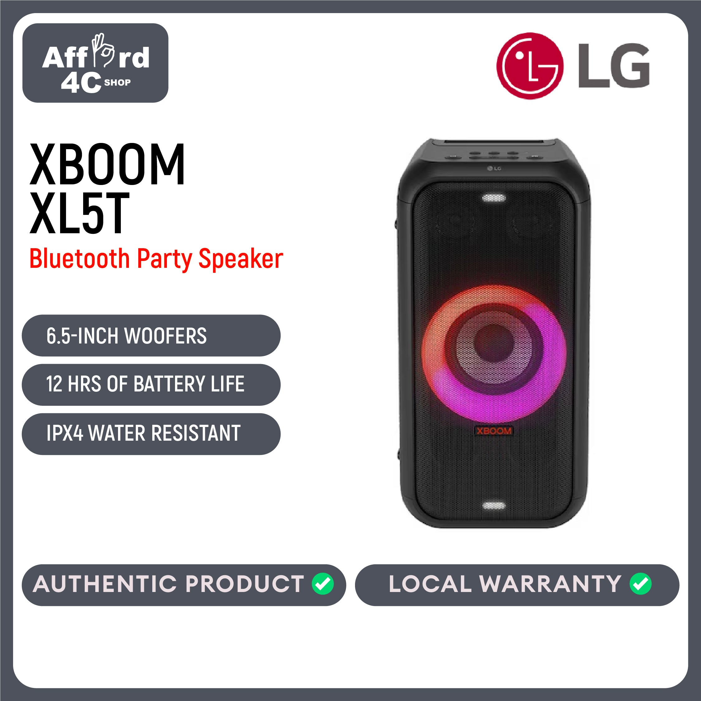 LG XBOOM XL5T Multi-Color Ring Lighting Bluetooth Party Speaker Audio System up to 12hrs Battery