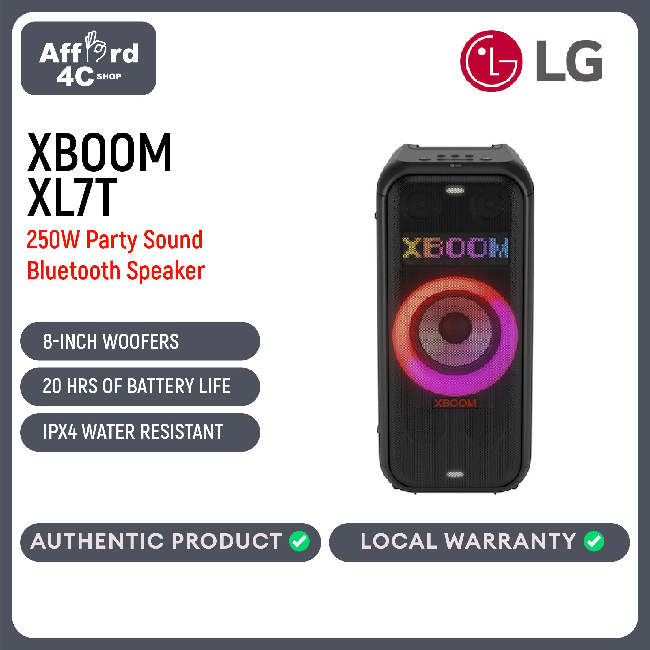 LG XBOOM XL7 Portable Tower Speaker with 250W of Power and Pixel LED Lighting with up to 20 Hrs of B
