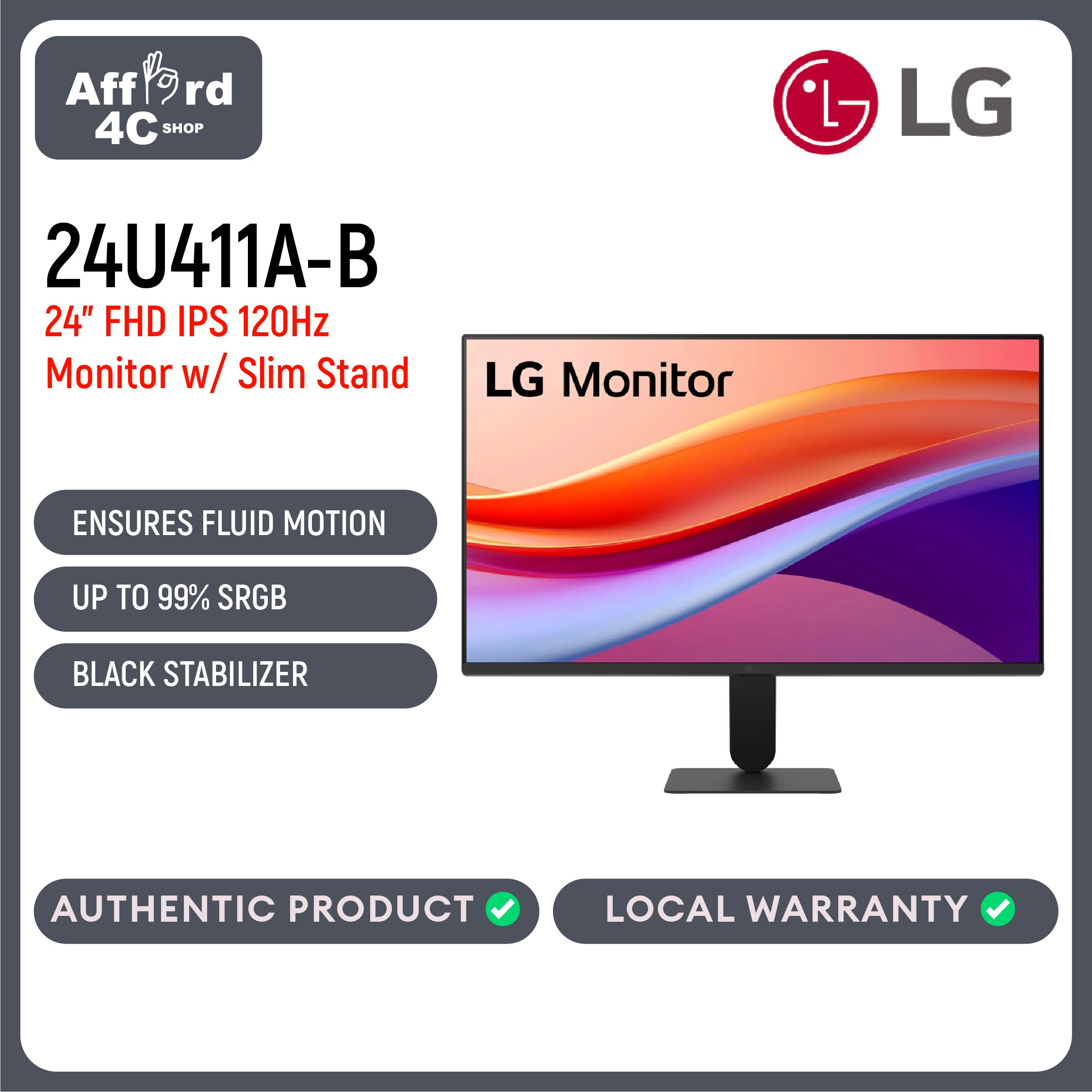 LG 24U411A-B 24'' FHD IPS 120Hz HDR10 Monitor with Slim Stand