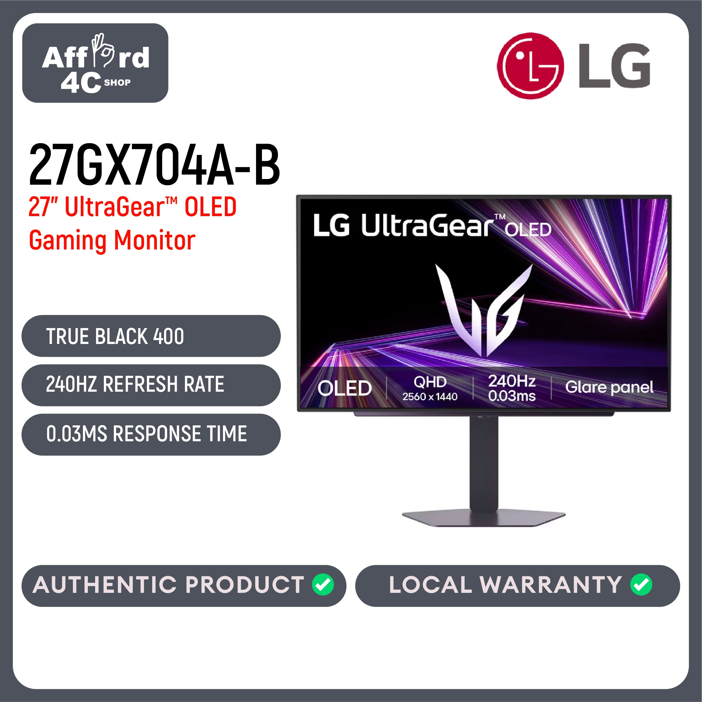 LG 27GX704A-B 27-inch Ultragear QHD (2650x1440) OLED Gaming Monitor 240Hz, 0.03ms, NVIDIA G-Sync Compatible, AMD FreeSync Premium Pro, VESA Display HDR TrueBlack400, HDMI 2.1, DisplayPort, Black