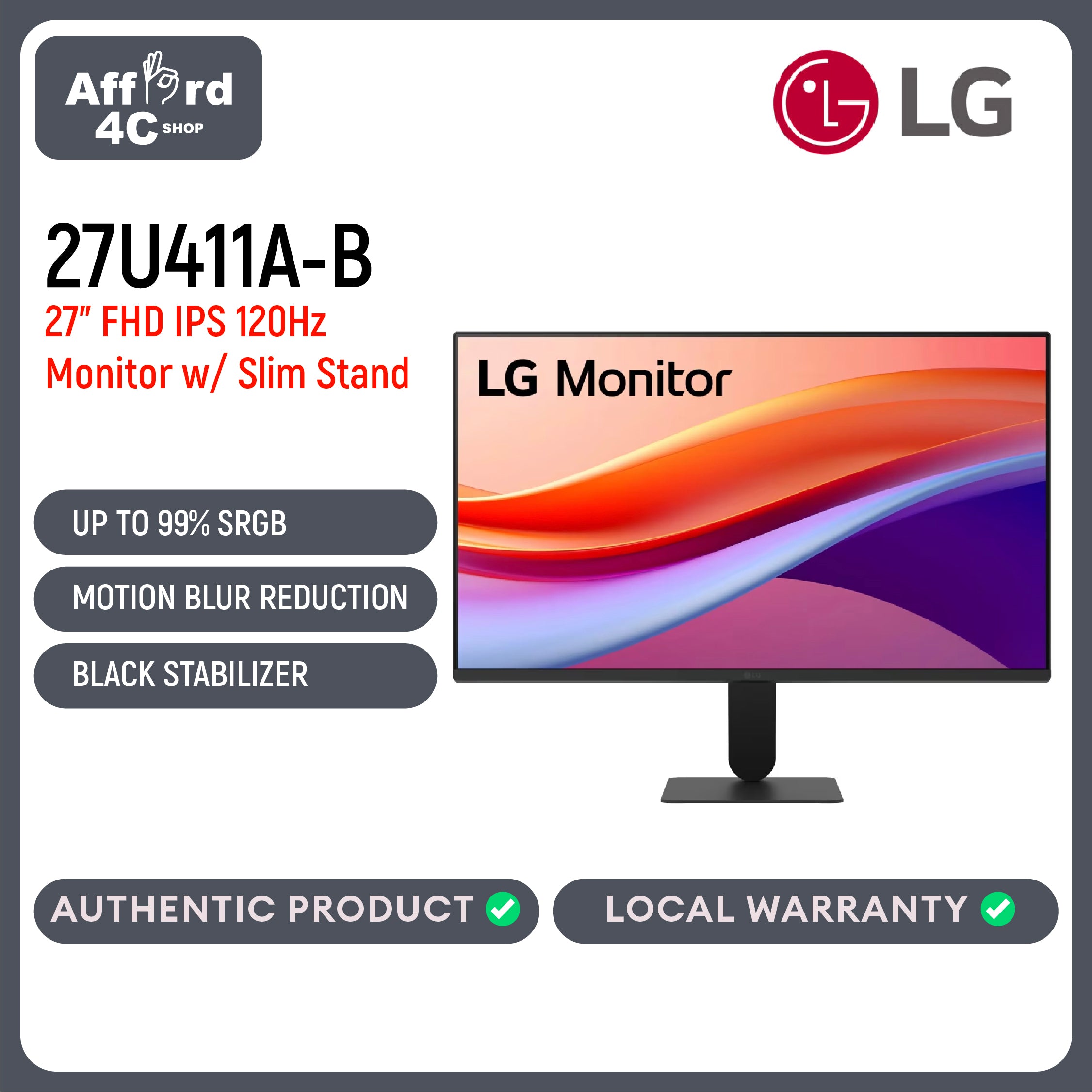 LG 27U411A-B 27" FHD IPS 120Hz HDR10 Monitor with Slim Stand