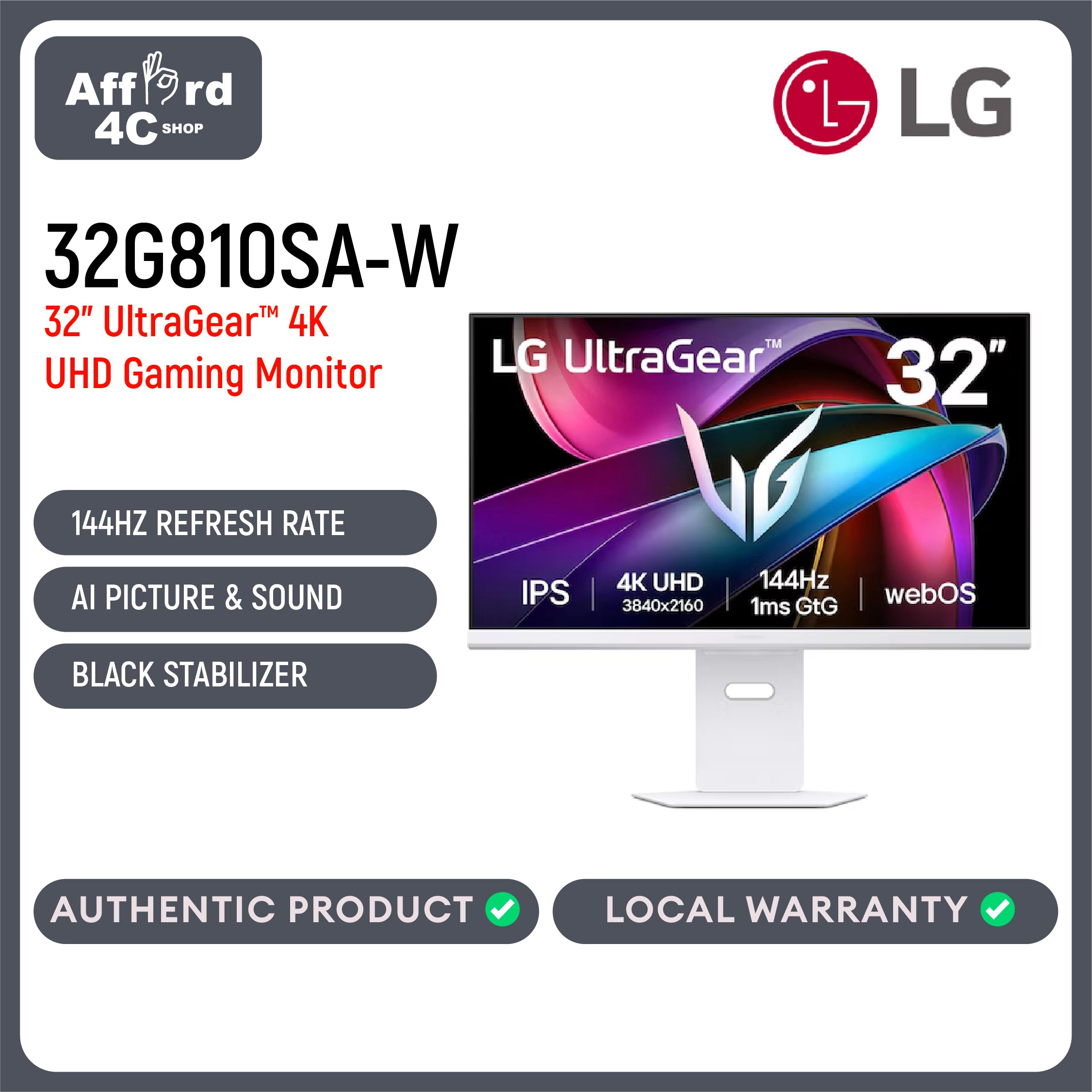 LG 32G810SA-W UltraGear™ 32-inch 144Hz UHD 4K AI Smart Gaming Monitor | 1ms (GtG), webOS