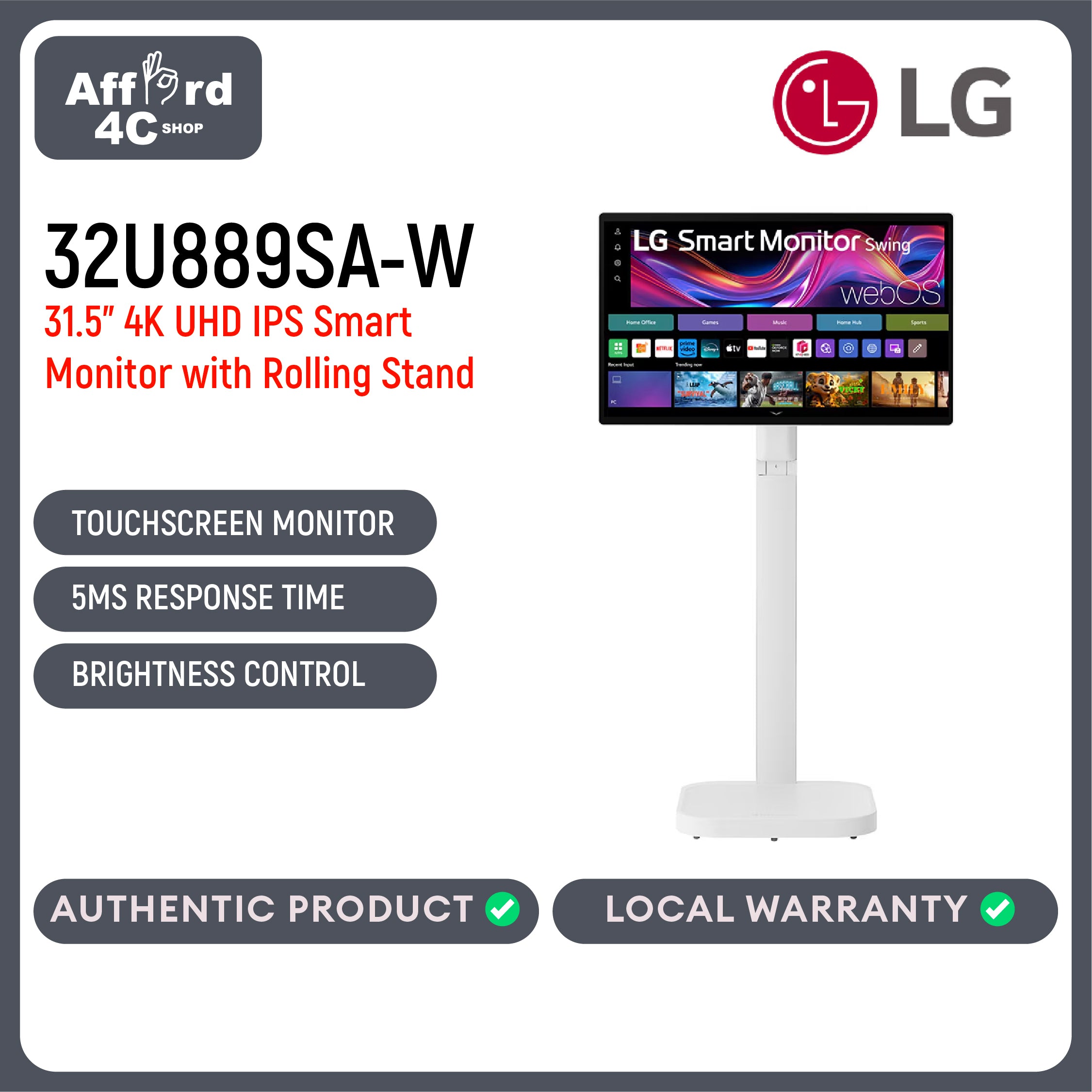 LG 32U889SA-W 32 Inch 4K UHD IPS Touchscreen Smart Monitor Swing with Rolling Stand