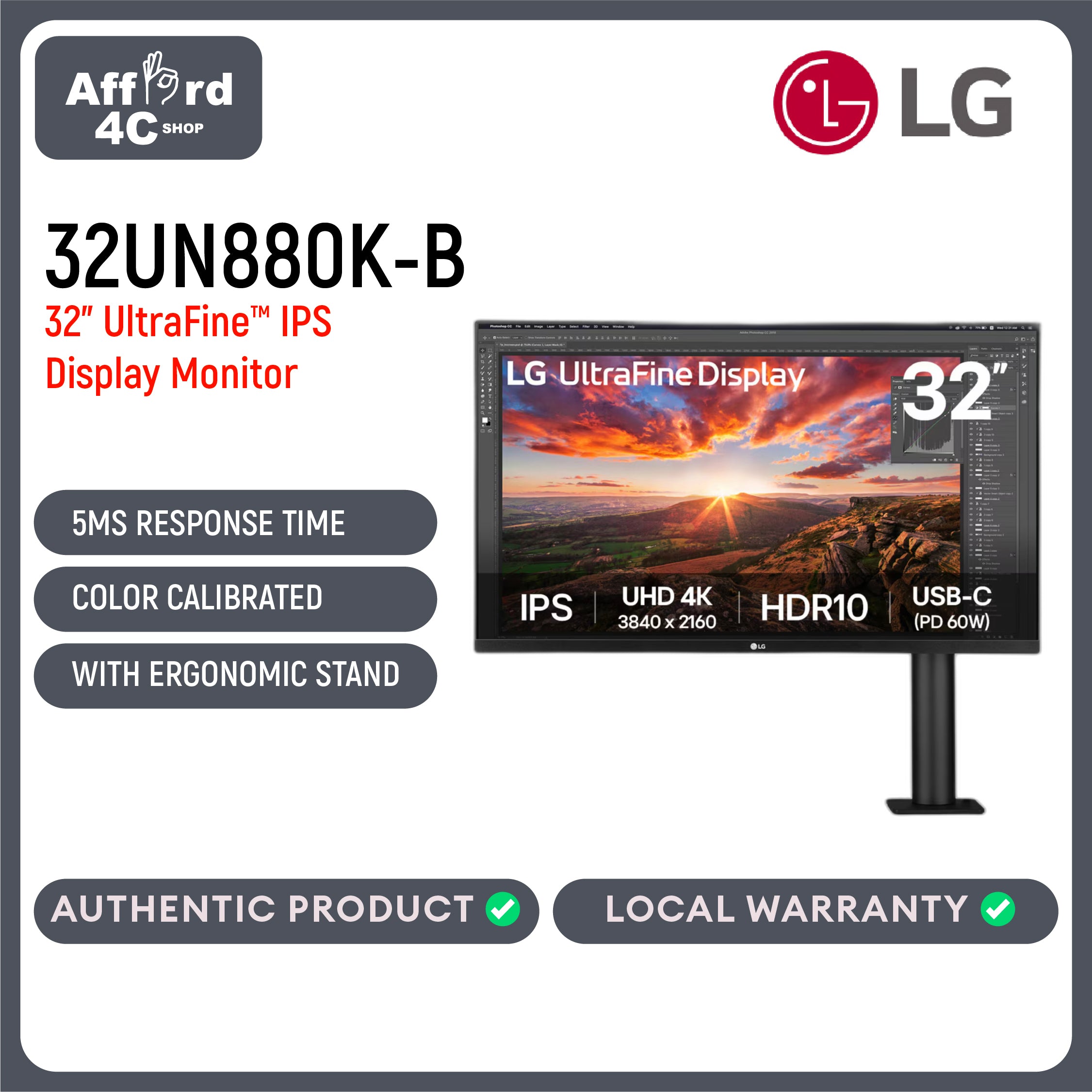 LG 32UN880K-B 31.5" UHD 4K Ergo IPS Monitor with USB-C