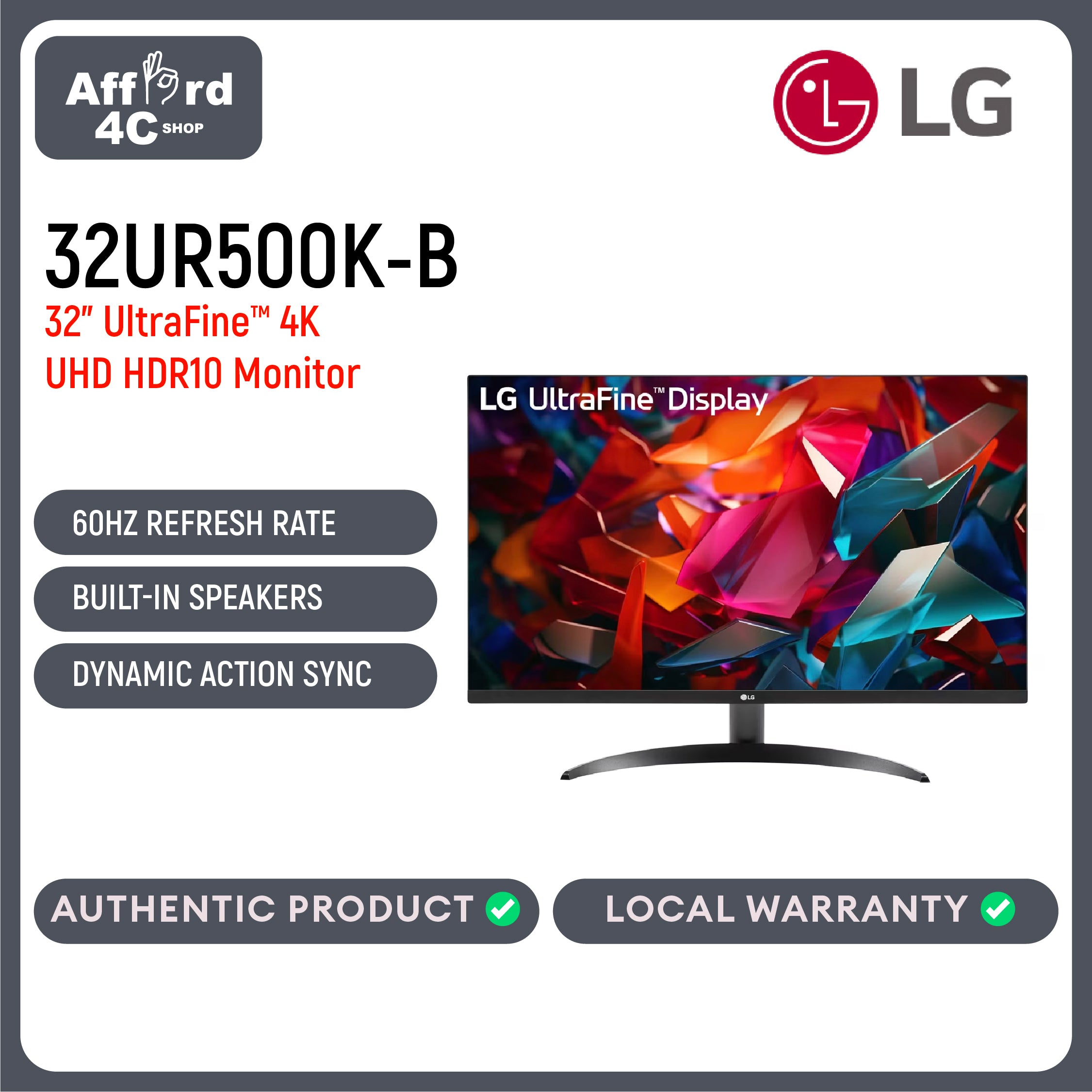 LG 32UR500K-B 32 Inch UltraFine™ 4K UHD HDR10 Monitor with Built-In Speakers