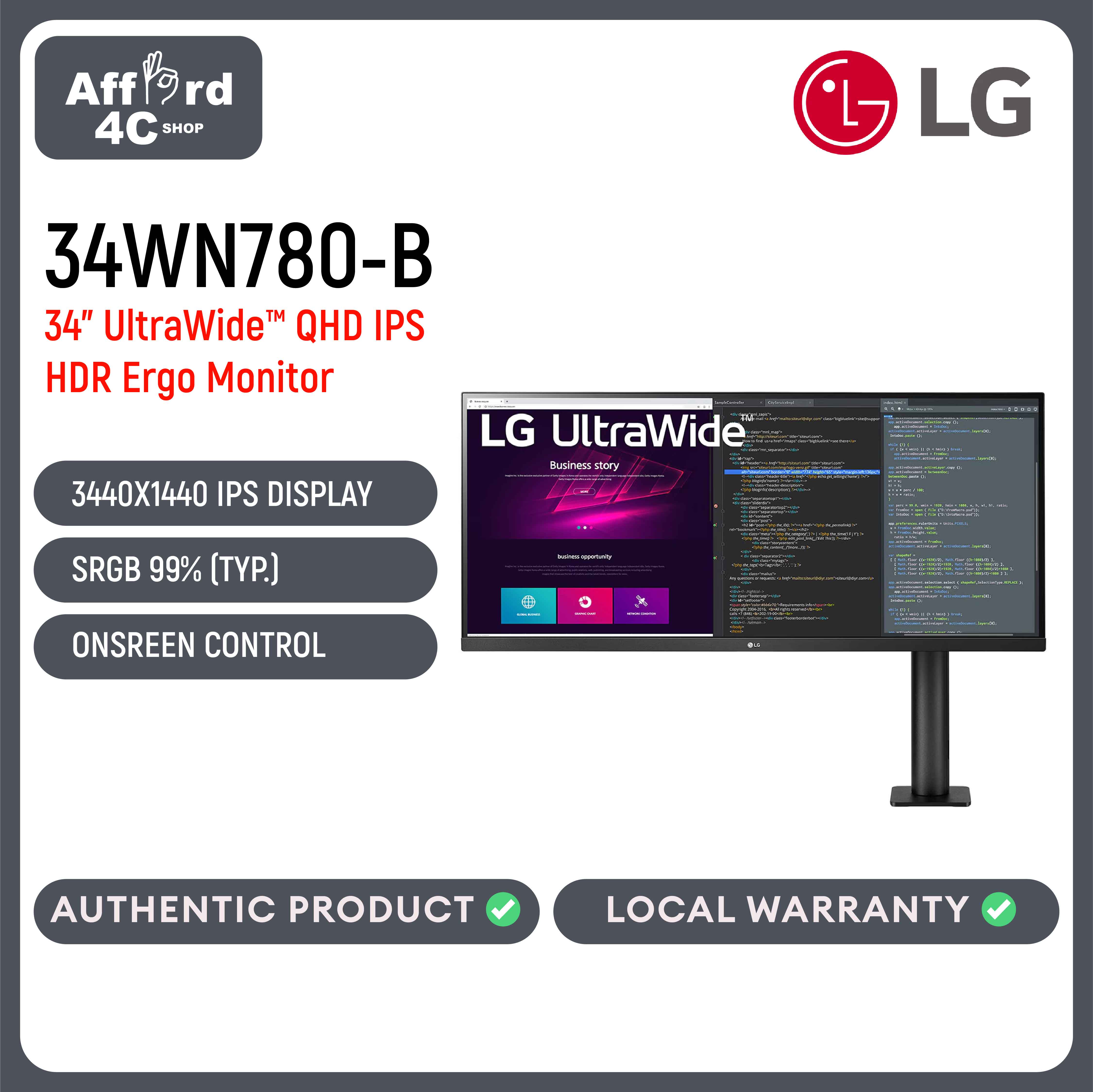 LG 34WN780 34" UltraWide Monitor 3440 x 1440 inch / AMD FreeSync / Dynamic Action Sync / Black Stabilizer