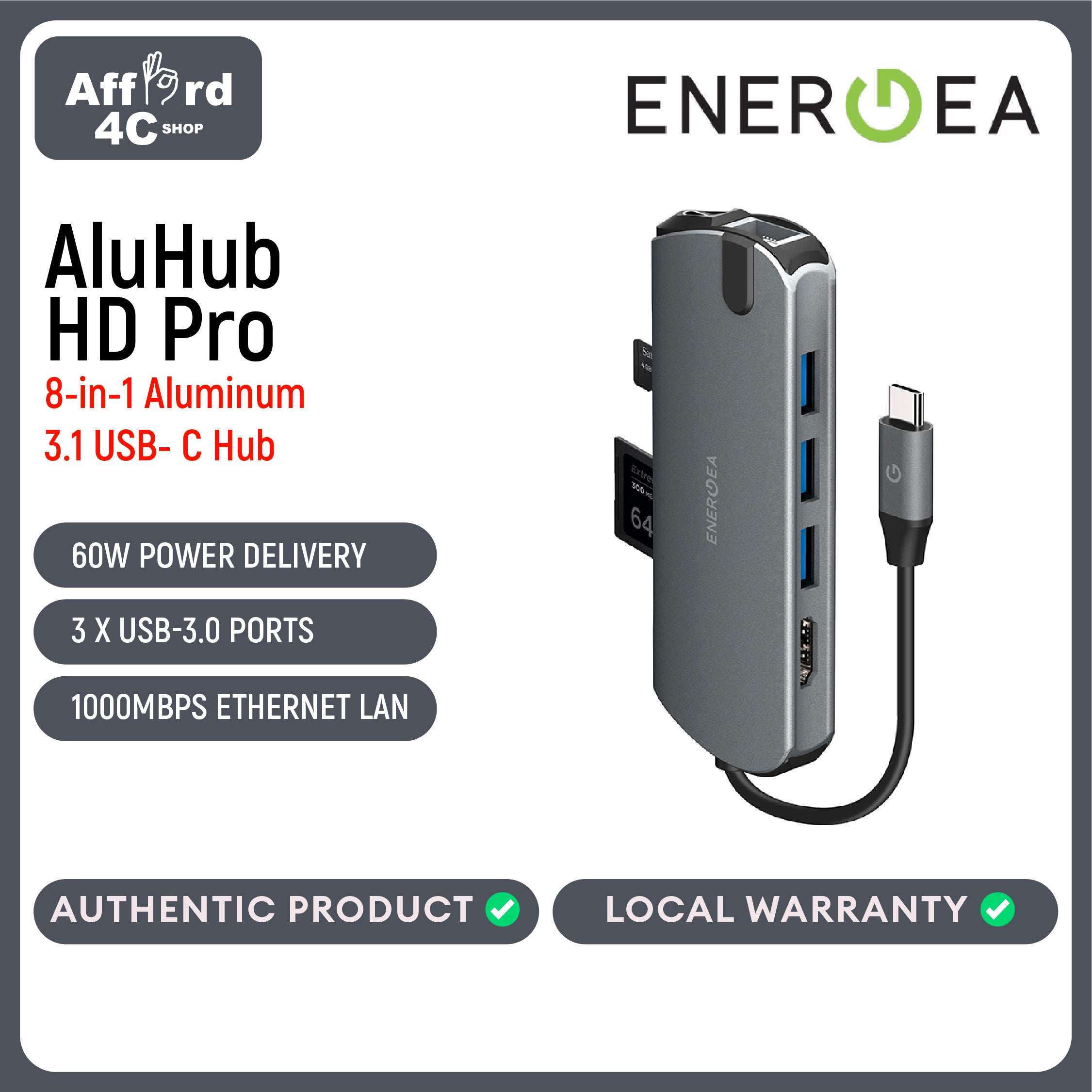 Energea AluHub HD Pro 8in1 Aluminum 3.1 USB-C Hub w/ Integrated SD Card Reader