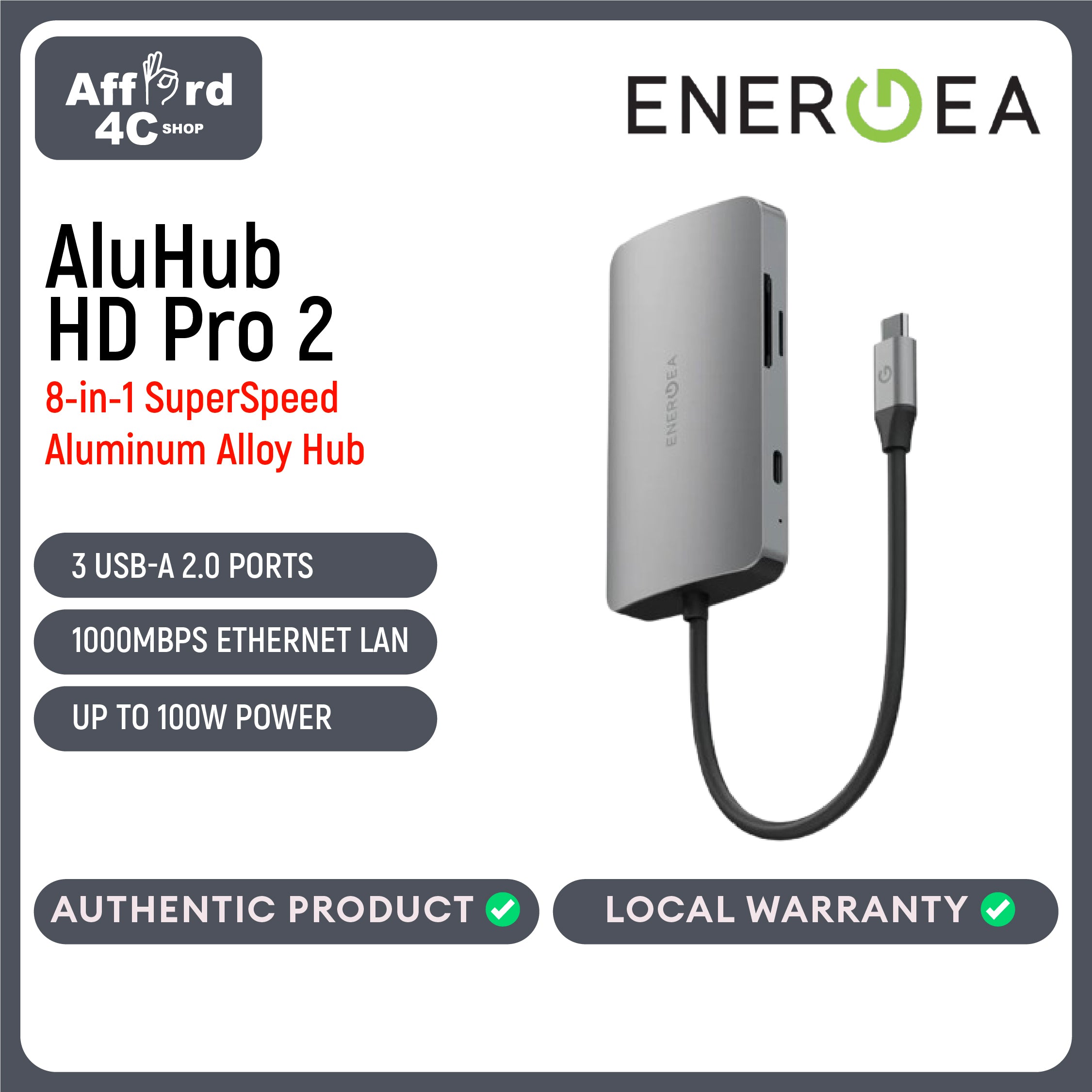 Energea Aluhub HD Pro 2, 8 in 1 SuperSpeed Aluminum Alloy Hub - Gunmetal