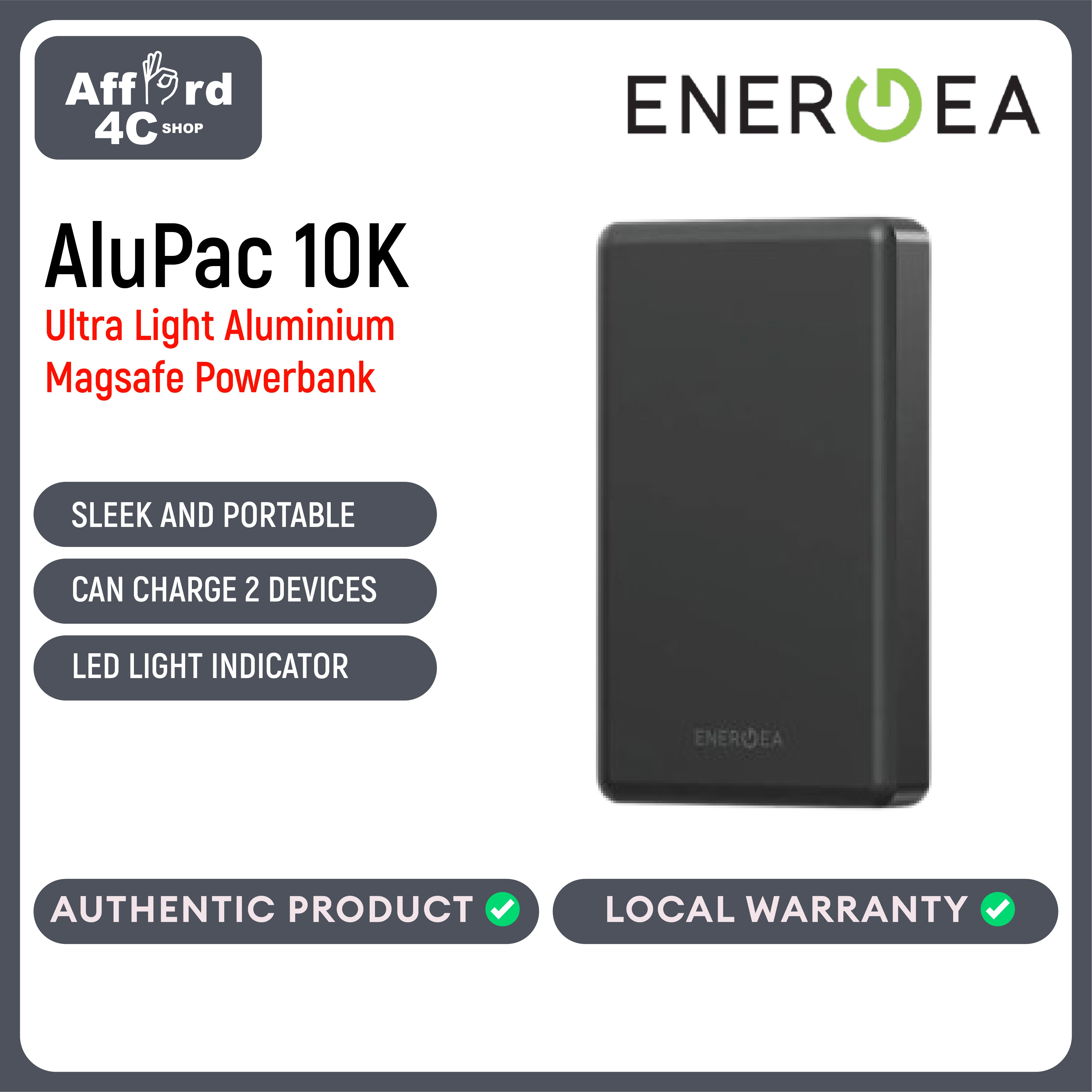 Energea AluPac 10K, 10000MaH Ultra Light Aluminum MagSafe Compatible Power Bank