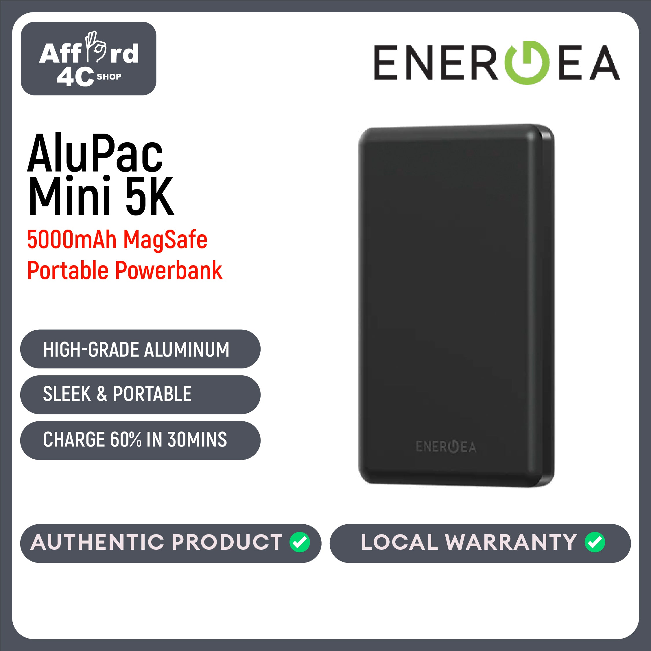 Energea AluPac 5K, 5000MaH Ultra Light Aluminum MagSafe Compatible Power Bank