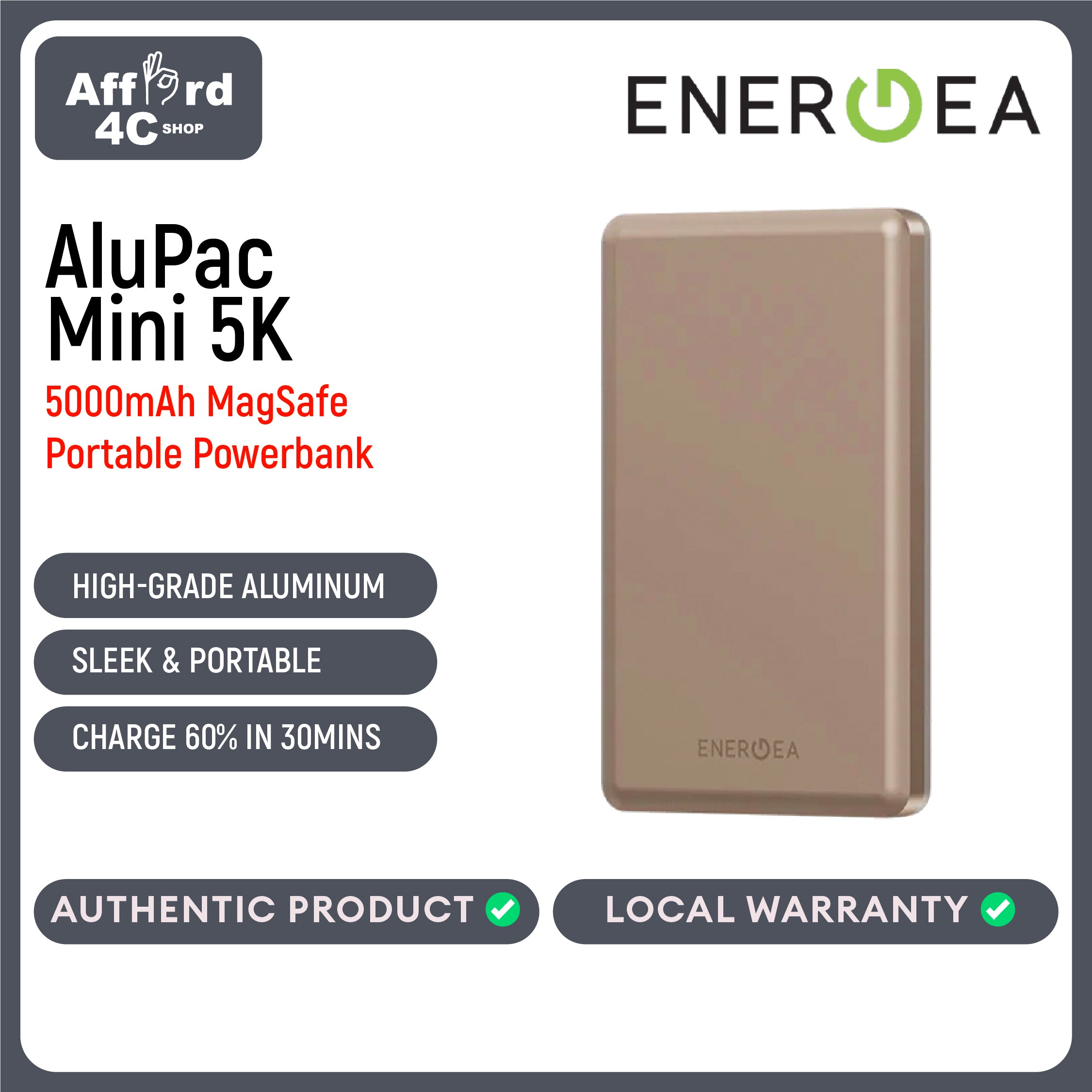 Energea AluPac 5K, 5000MaH Ultra Light Aluminum MagSafe Compatible Power Bank