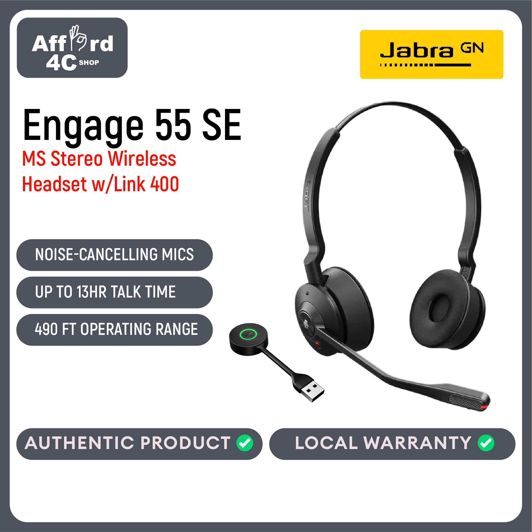 Jabra Engage 55 SE Stereo Wireless Headset with Link 400 Noise-Cancelling Microphone, Extensive Range, Hearing Protection – Certified for Google Meet & Zoom – Black