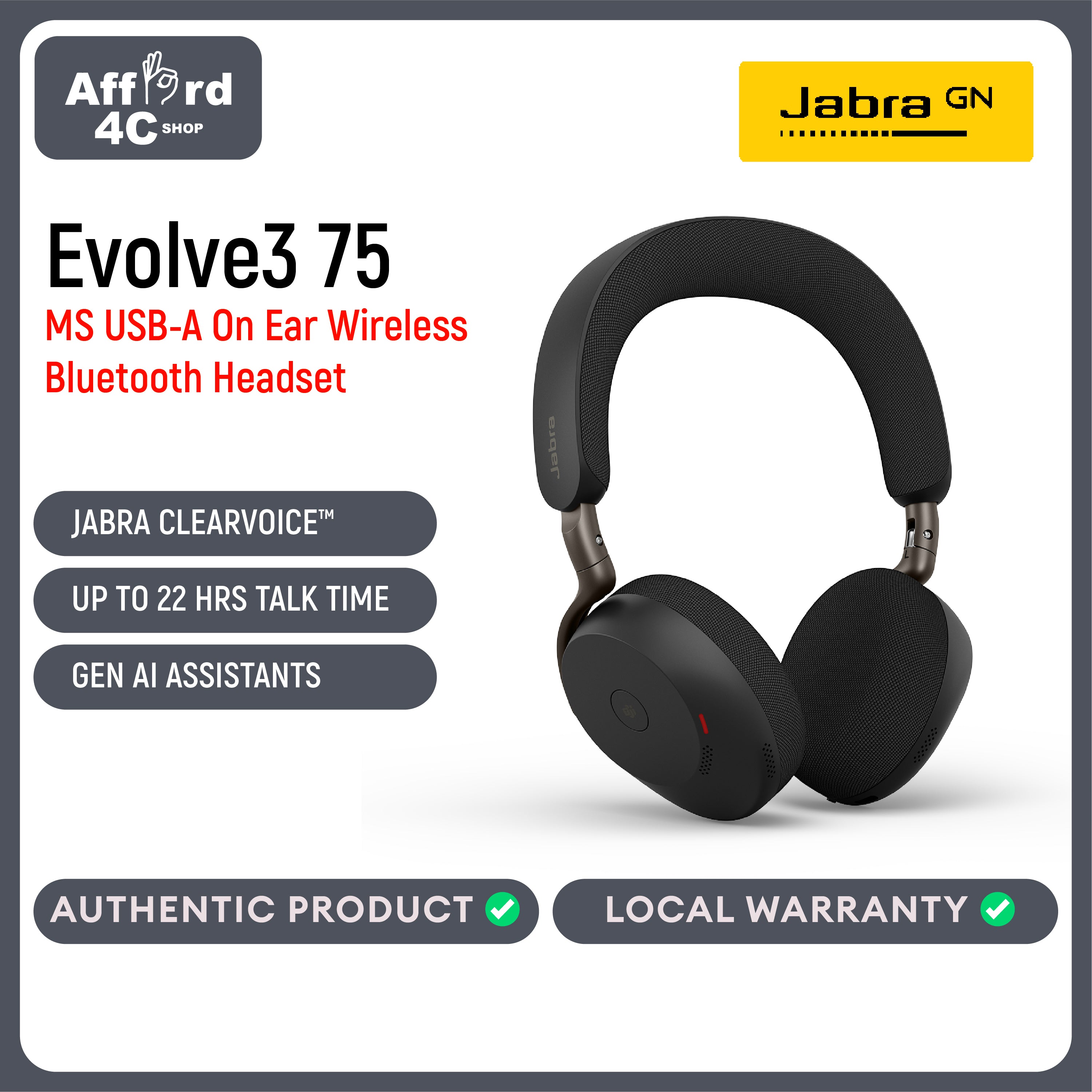 Jabra Evolve3 75 On-Ear USB-A Wireless Bluetooth Headset with Microphone for Work, AI Voice Call Technology, Advanced Active Noise Cancellation, 22-Hour Battery, Works with Online Meeting Apps