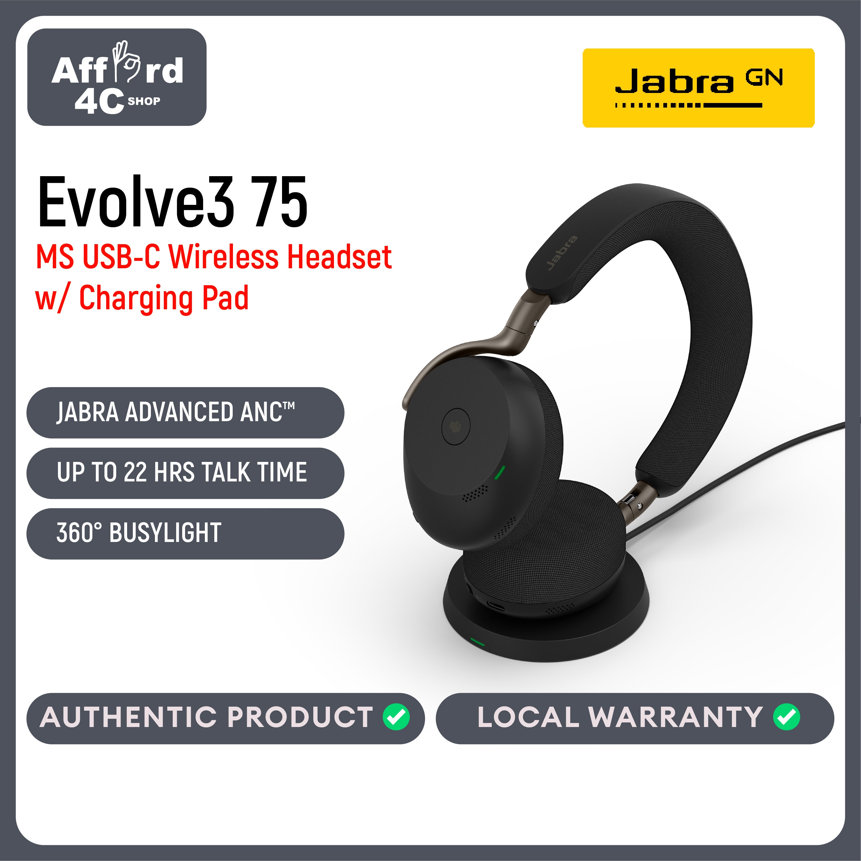 Jabra Evolve3 75 On-Ear USB-C Wireless Bluetooth Headset with Mic and Wireless Charging Stand for Work, AI Voice Call Technology, Advanced ANC, 22-Hour Battery, Works with Online Meeting Apps