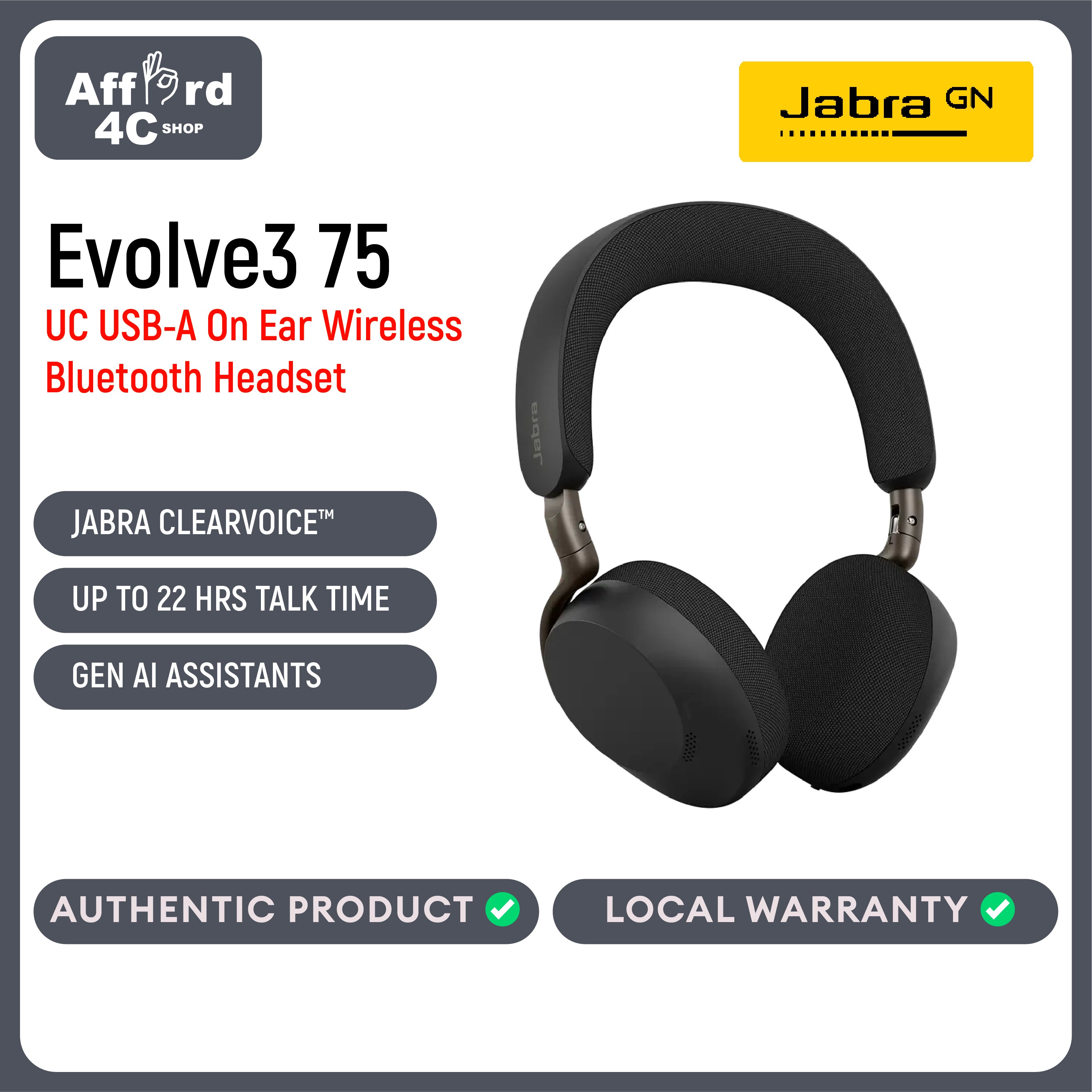 Jabra Evolve3 75 On-Ear USB-A Wireless Bluetooth Headset with Microphone for Work, AI Voice Call Technology, Advanced Active Noise Cancellation, 22-Hour Battery, Works with Online Meeting Apps