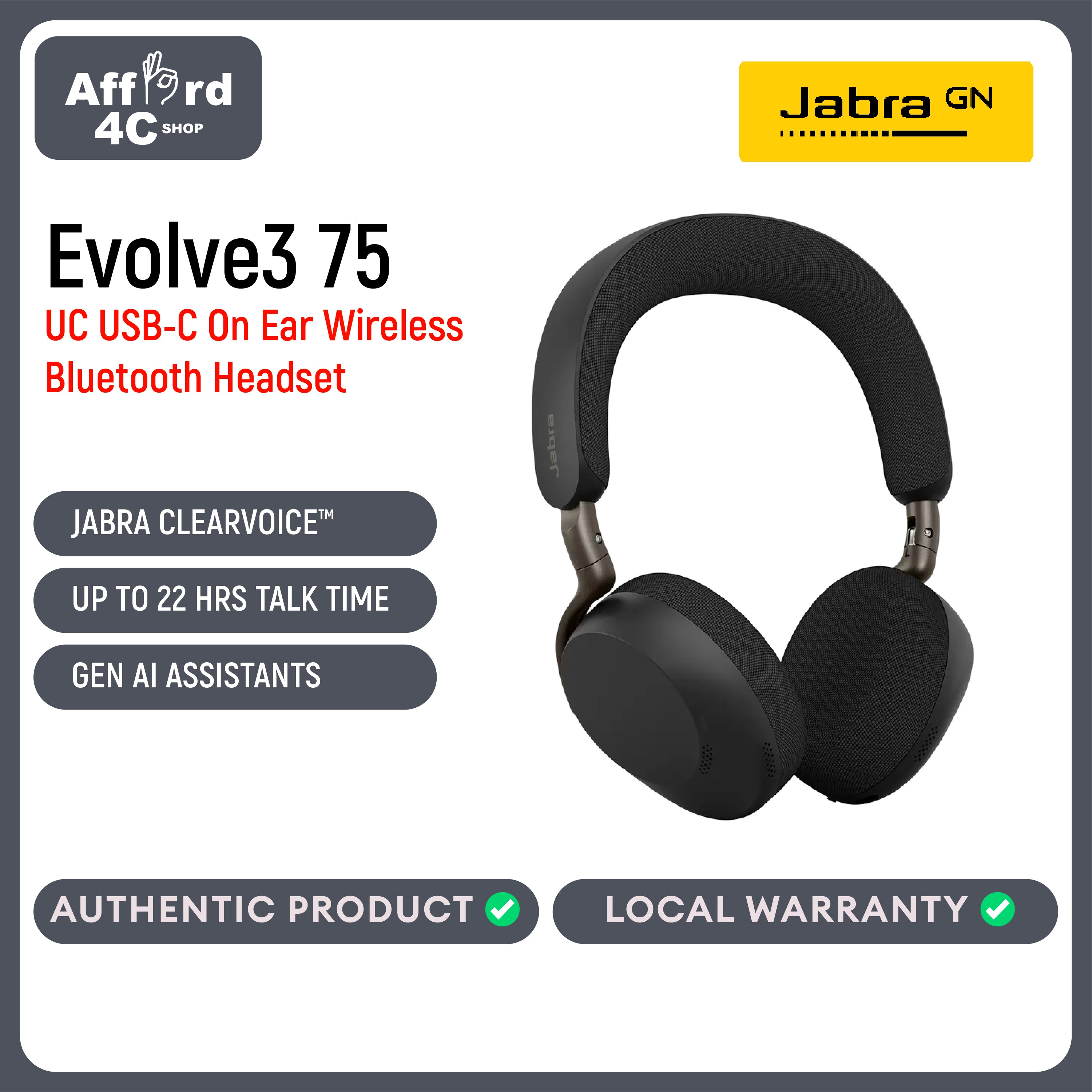 Jabra Evolve3 75 On-Ear USB-C Wireless Bluetooth Headset with Microphone for Work, AI Voice Call Technology, Advanced Active Noise Cancellation, 22-Hour Battery, Works with Online Meeting Apps
