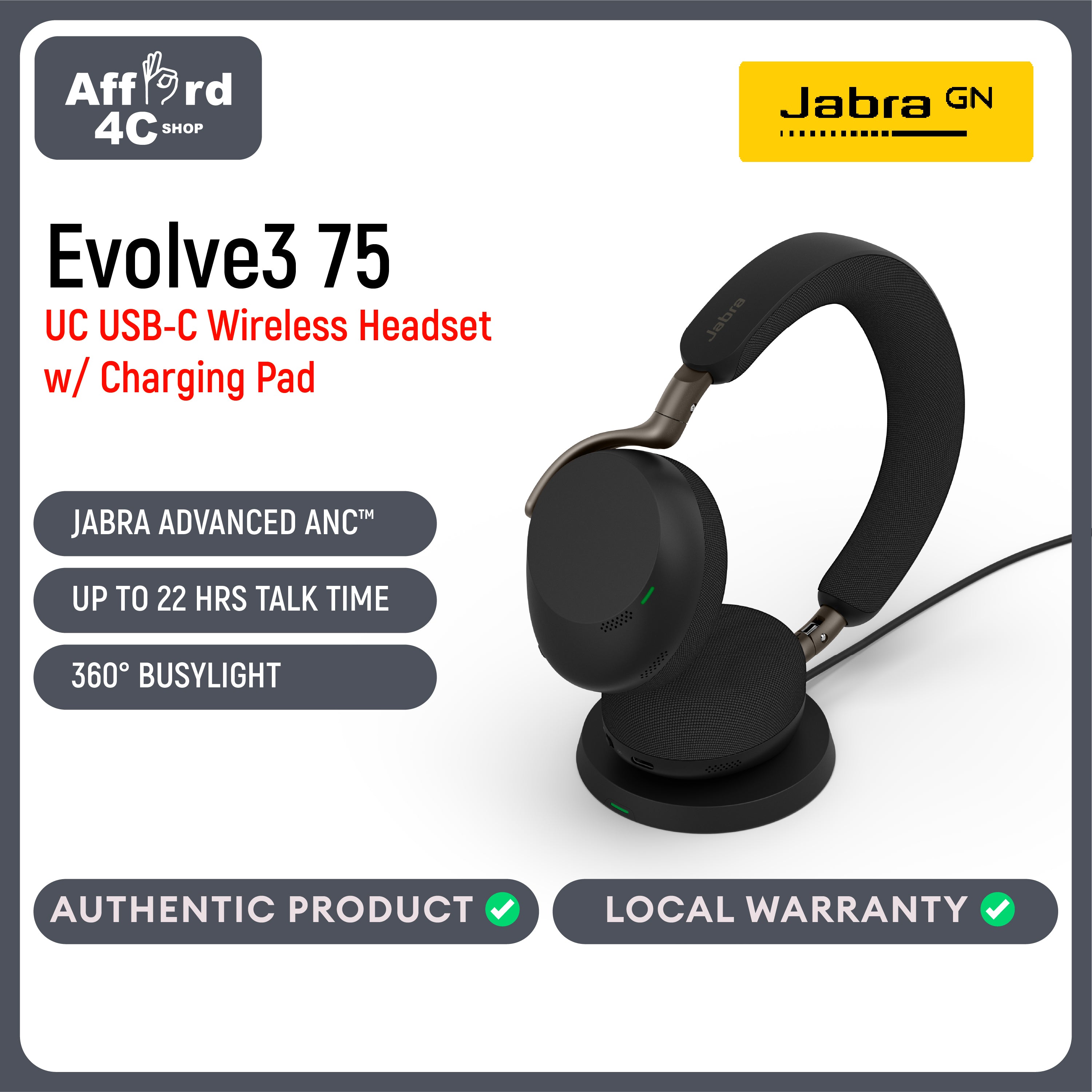 Jabra Evolve3 75 On-Ear USB-C Wireless Bluetooth Headset with Mic and Wireless Charging Stand for Work, AI Voice Call Technology, Advanced ANC, 22-Hour Battery, Works with Online Meeting Apps