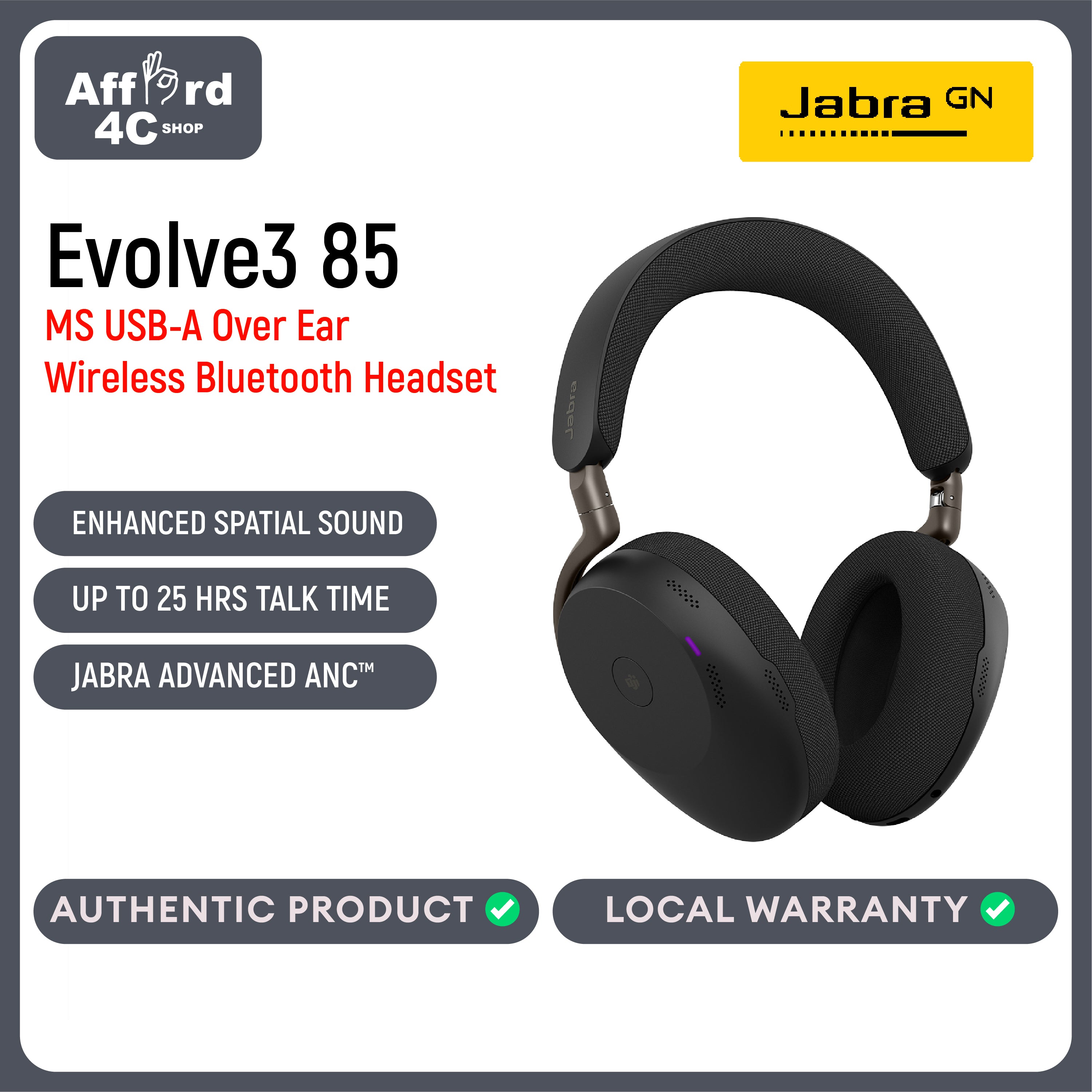 Jabra Evolve3 85 Over-Ear USB-A Wireless Bluetooth Headset with Microphone for Work, AI Voice Call Technology, Adaptive Active Noise Cancellation, 25-Hour Battery, Works with Meeting Apps