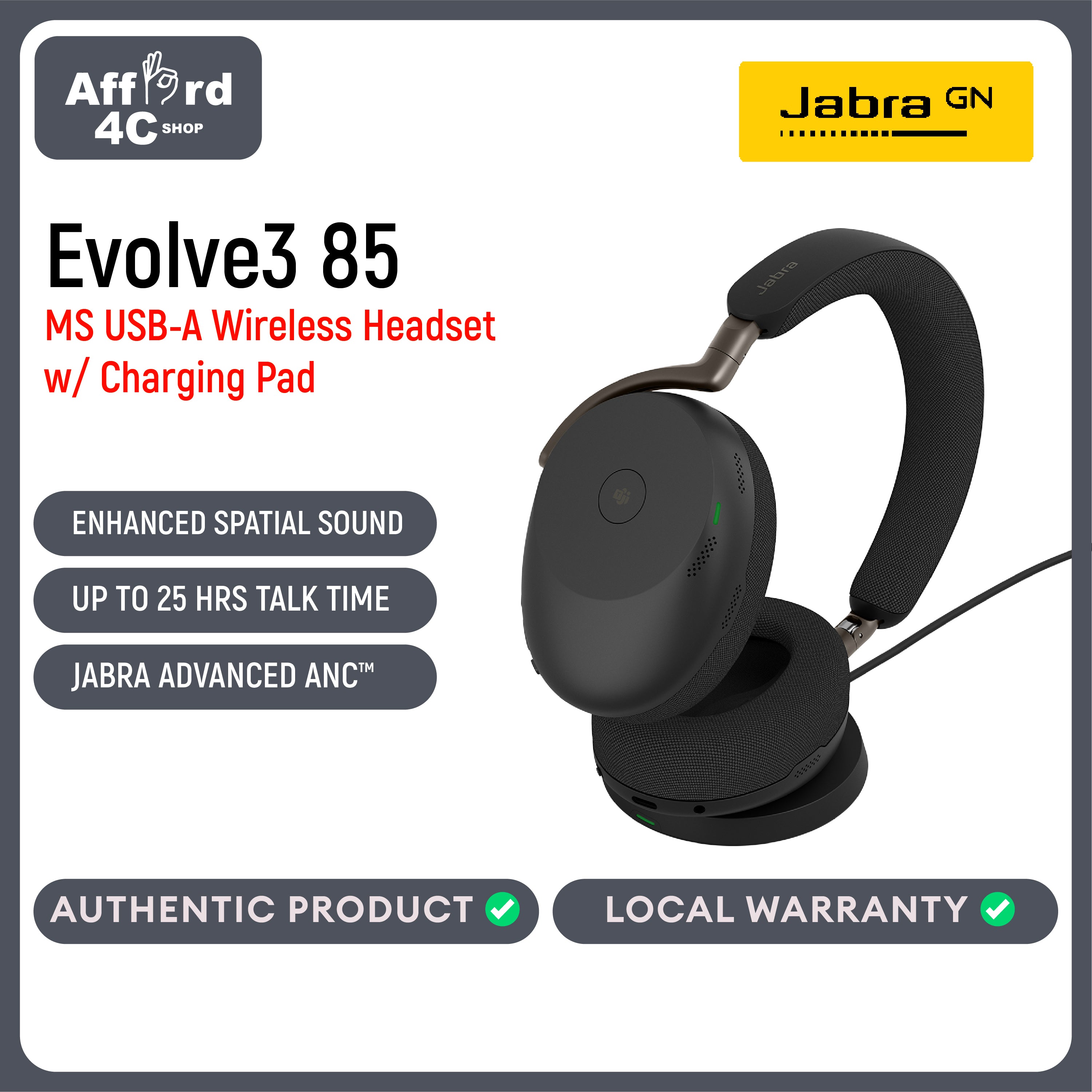 Jabra Evolve3 85 Over-Ear USB-A Wireless Bluetooth Headset with Mic and Wireless Charging Stand for Work, AI Voice Call Technology, Adaptive ANC, 25-Hour Battery, Works with Online Meeting Apps